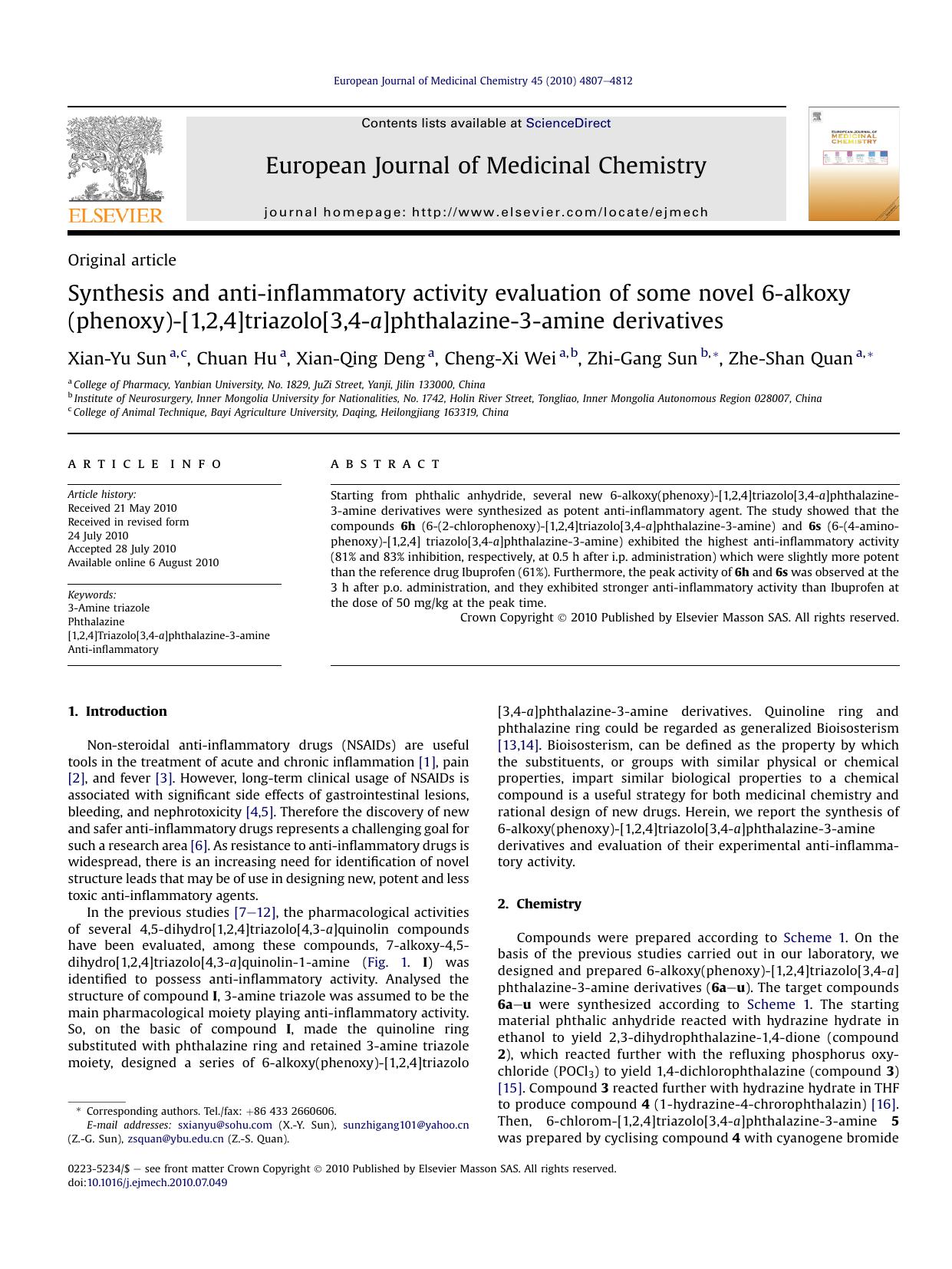 Synthesis and anti-inflammatory activity evaluation of some novel 6-alkoxy(phenoxy)-[1,2,4]triazolo[3,4-a]phthalazine-3-amine derivatives by Xian-Yu Sun & Chuan Hu & Xian-Qing Deng & Cheng-Xi Wei & Zhi-Gang Sun & Zhe-Shan Quan