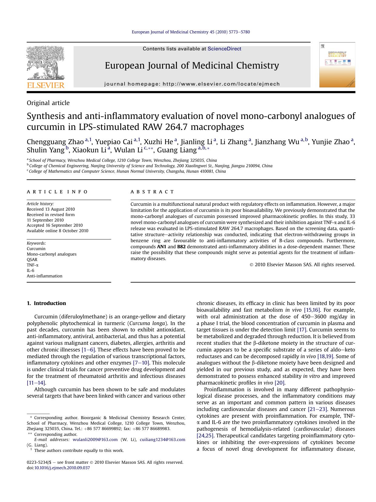 Synthesis and anti-inflammatory evaluation of novel mono-carbonyl analogues of curcumin in LPS-stimulated RAW 264.7 macrophages by unknow
