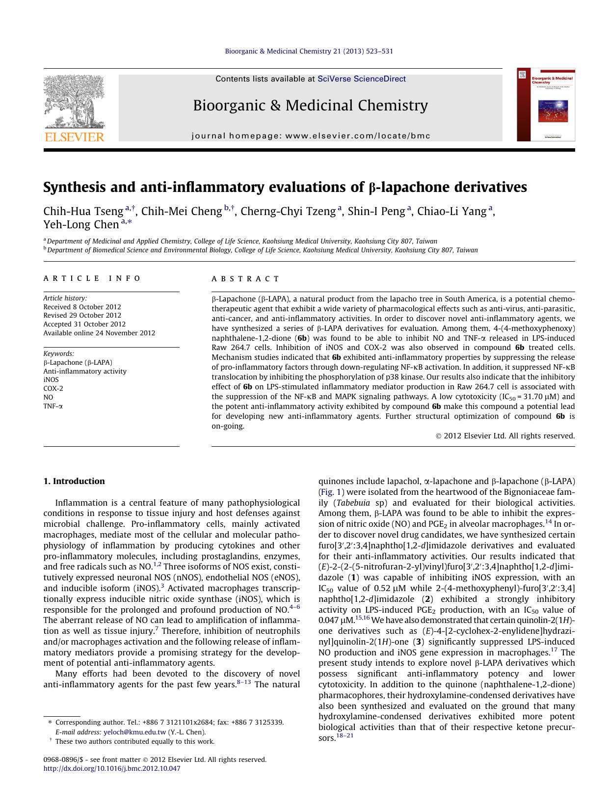 Synthesis and anti-inflammatory evaluations of ÃÂ²-lapachone derivatives by Chih-Hua Tseng & Chih-Mei Cheng & Cherng-Chyi Tzeng & Shin-I Peng & Chiao-Li Yang & Yeh-Long Chen