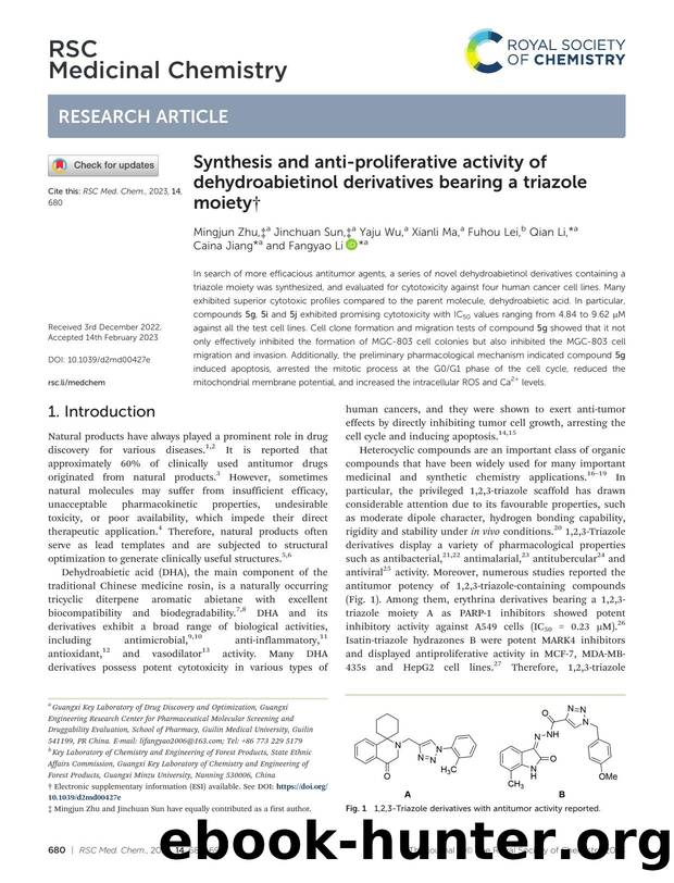 Synthesis and anti-proliferative activity of dehydroabietinol derivatives bearing a triazole moiety by Mingjun Zhu & Jinchuan Sun & Yaju Wu & Xianli Ma & Fuhou Lei & Qian Li & Caina Jiang & Fangyao Li