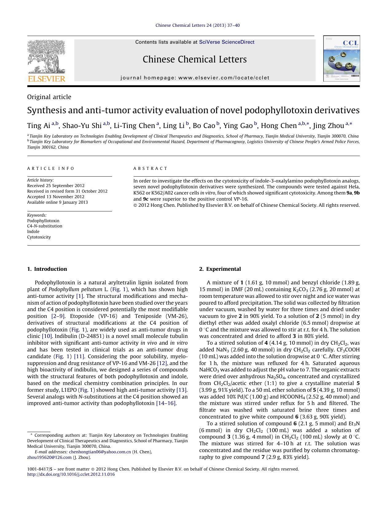 Synthesis and anti-tumor activity evaluation of novel podophyllotoxin derivatives by Ting Ai
