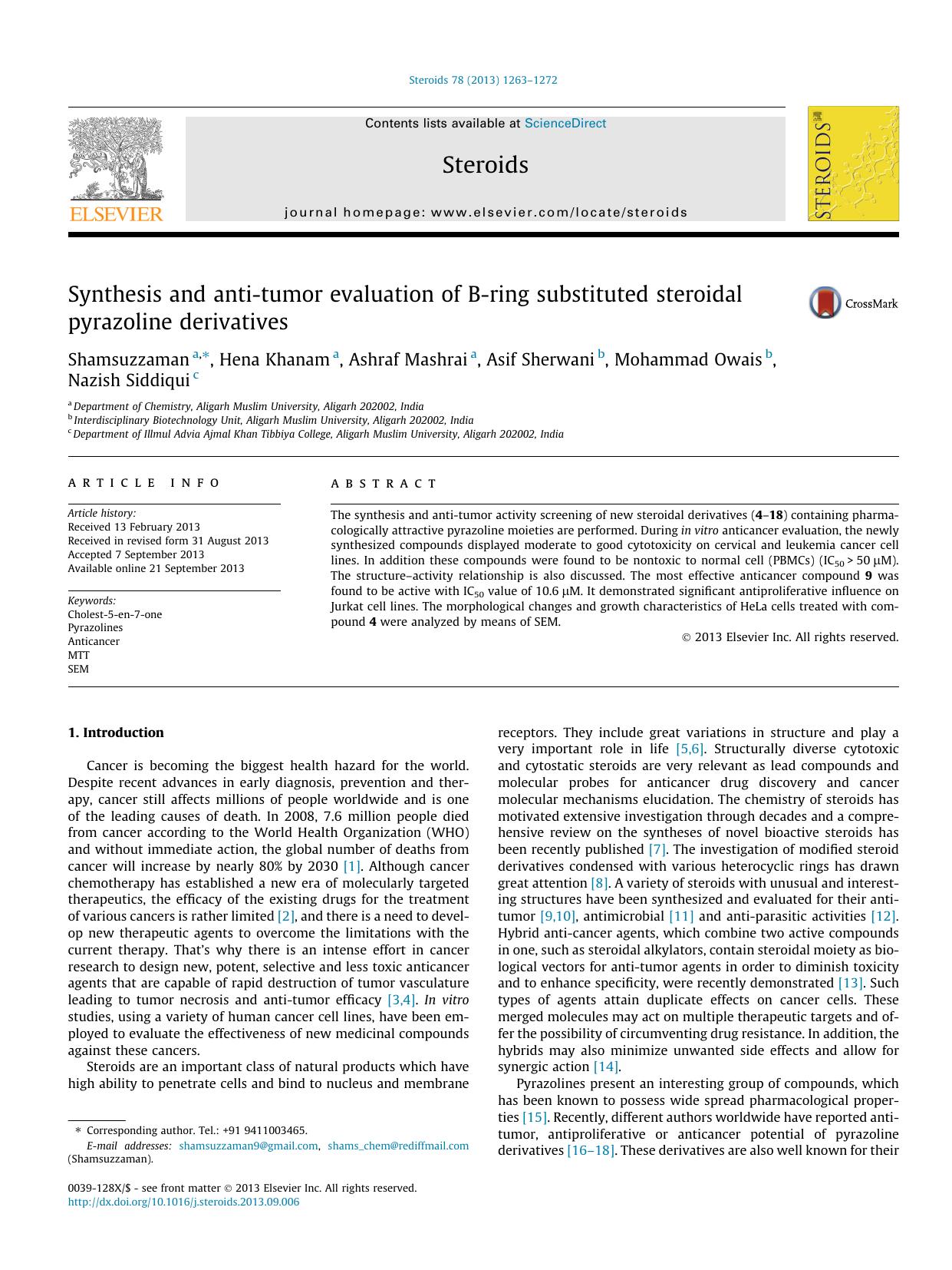 Synthesis and anti-tumor evaluation of B-ring substituted steroidal pyrazoline derivatives by Shamsuzzaman & Hena Khanam & Ashraf Mashrai & Asif Sherwani & Mohammad Owais & Nazish Siddiqui
