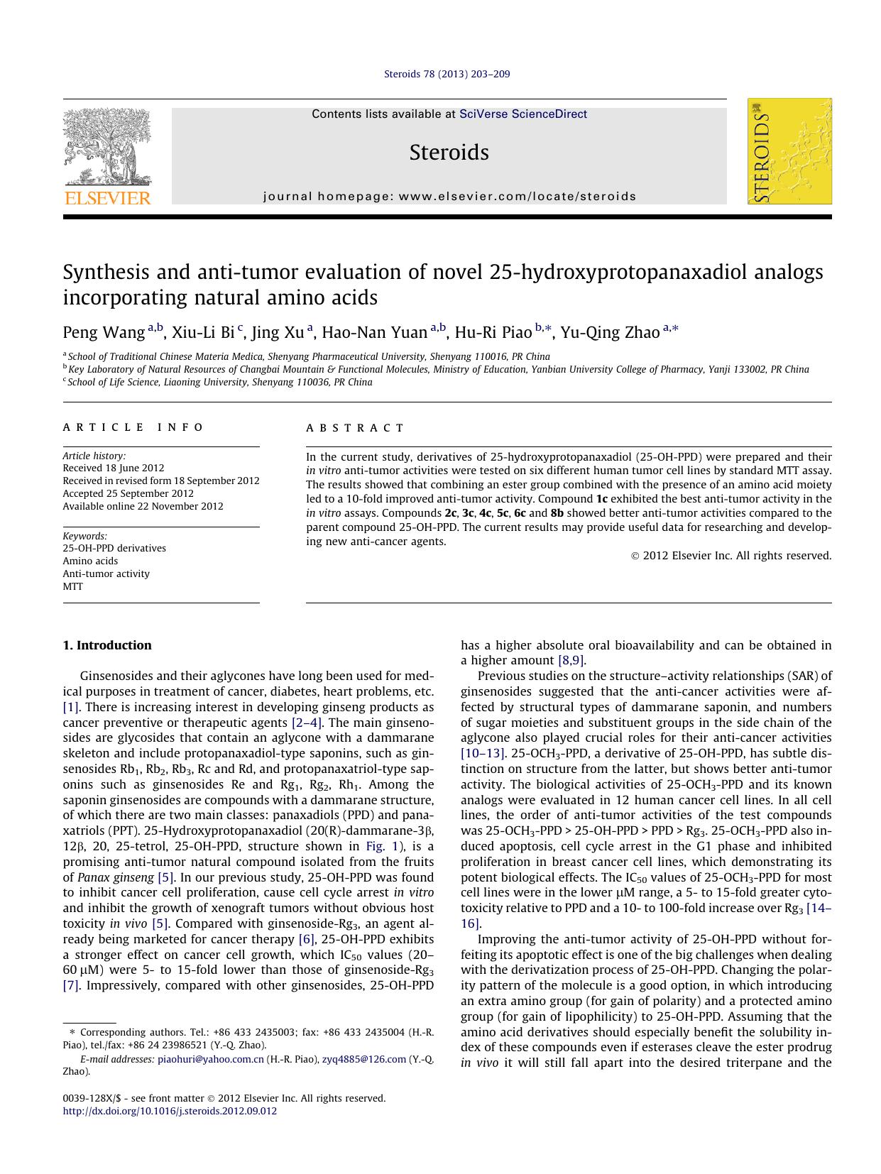 Synthesis and anti-tumor evaluation of novel 25-hydroxyprotopanaxadiol analogs incorporating natural amino acids by Peng Wang & Xiu-Li Bi & Jing Xu & Hao-Nan Yuan & Hu-Ri Piao & Yu-Qing Zhao