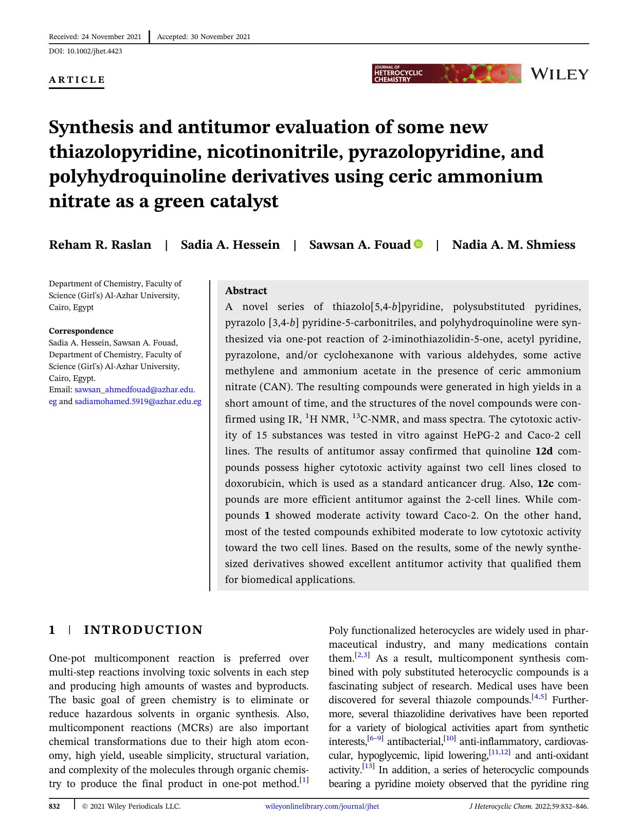 Synthesis and anti-tumor evaluation of some new thiazolopyridine, nicotinonitrile, pyrazolopyridine and polyhydroquinoline derivatives using Ceric ammonium nitrate as a green catalyst by Unknown