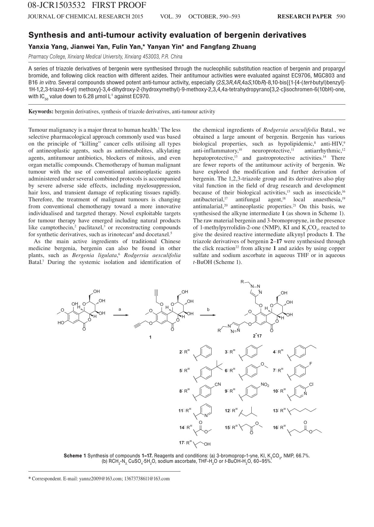 Synthesis and anti-tumour activity evaluation of bergenin derivatives by Yanxia Yang ; Jianwei Yan ; Fulin Yan ; Yanyan Yin ; Fangfang Zhuang