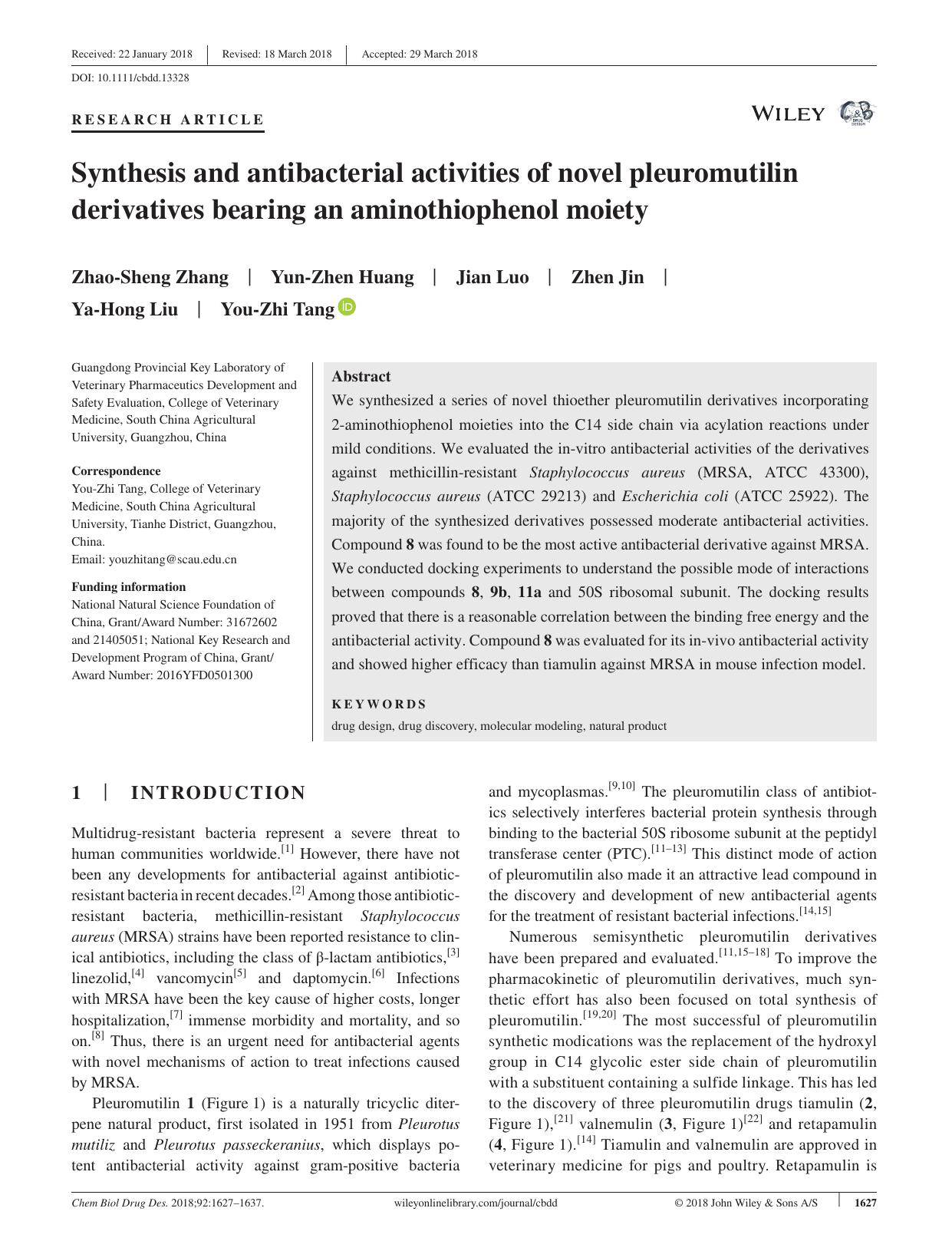 Synthesis and antibacterial activities of novel pleuromutilin derivatives bearing an aminothiophenol moiety by unknow
