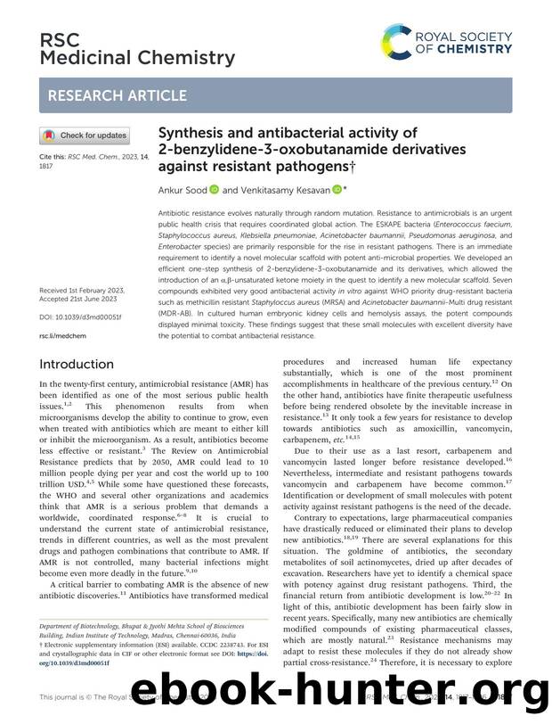 Synthesis and antibacterial activity of 2-benzylidene-3-oxobutanamide derivatives against resistant pathogens by Ankur Sood & Venkitasamy Kesavan