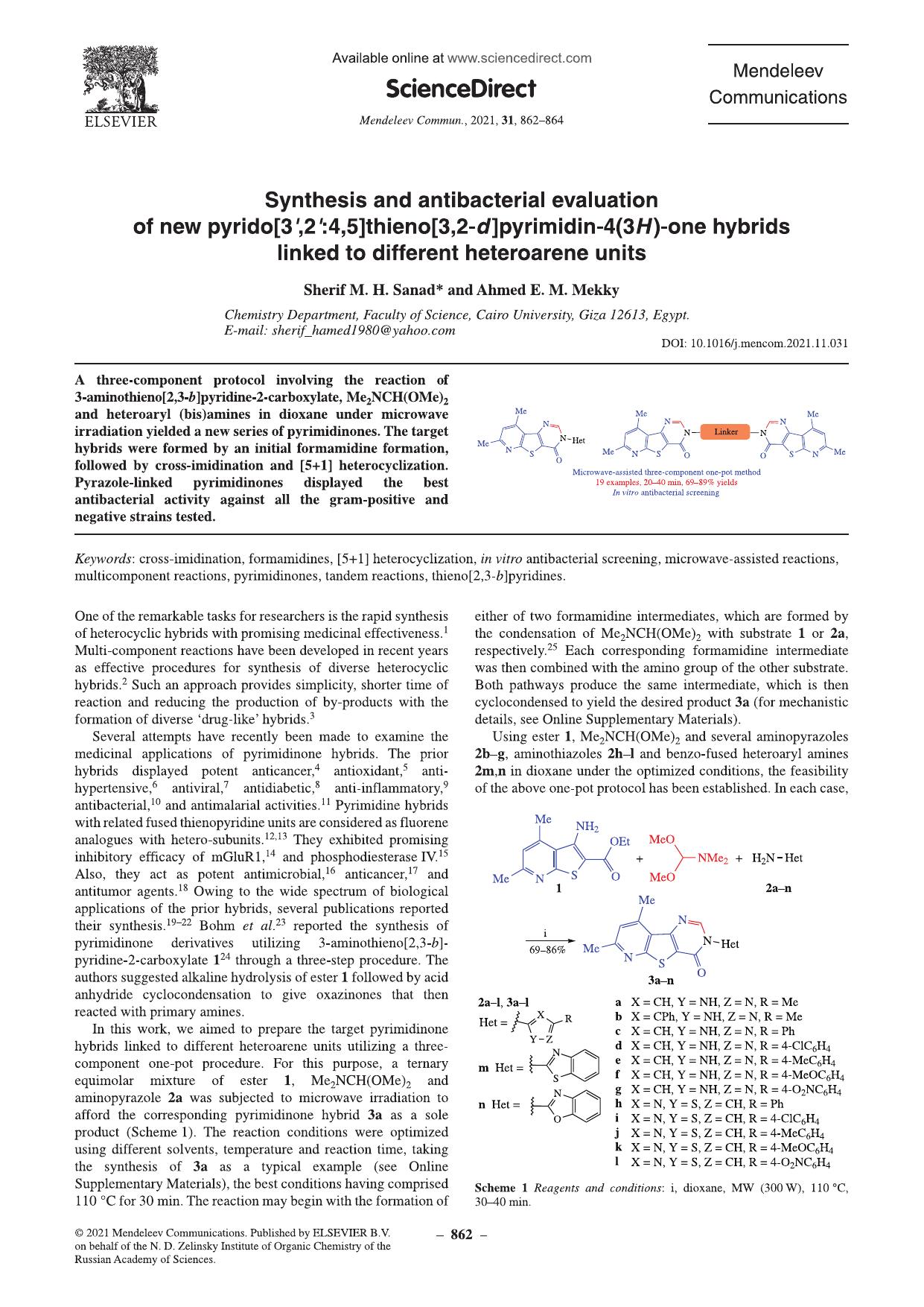 Synthesis and antibacterial evaluation of new pyrido[3',2':4,5]thieno[3,2-d ]pyrimidin-4(3H)-one hybrids linked to different heteroarene units by Sherif M.H. Sanad