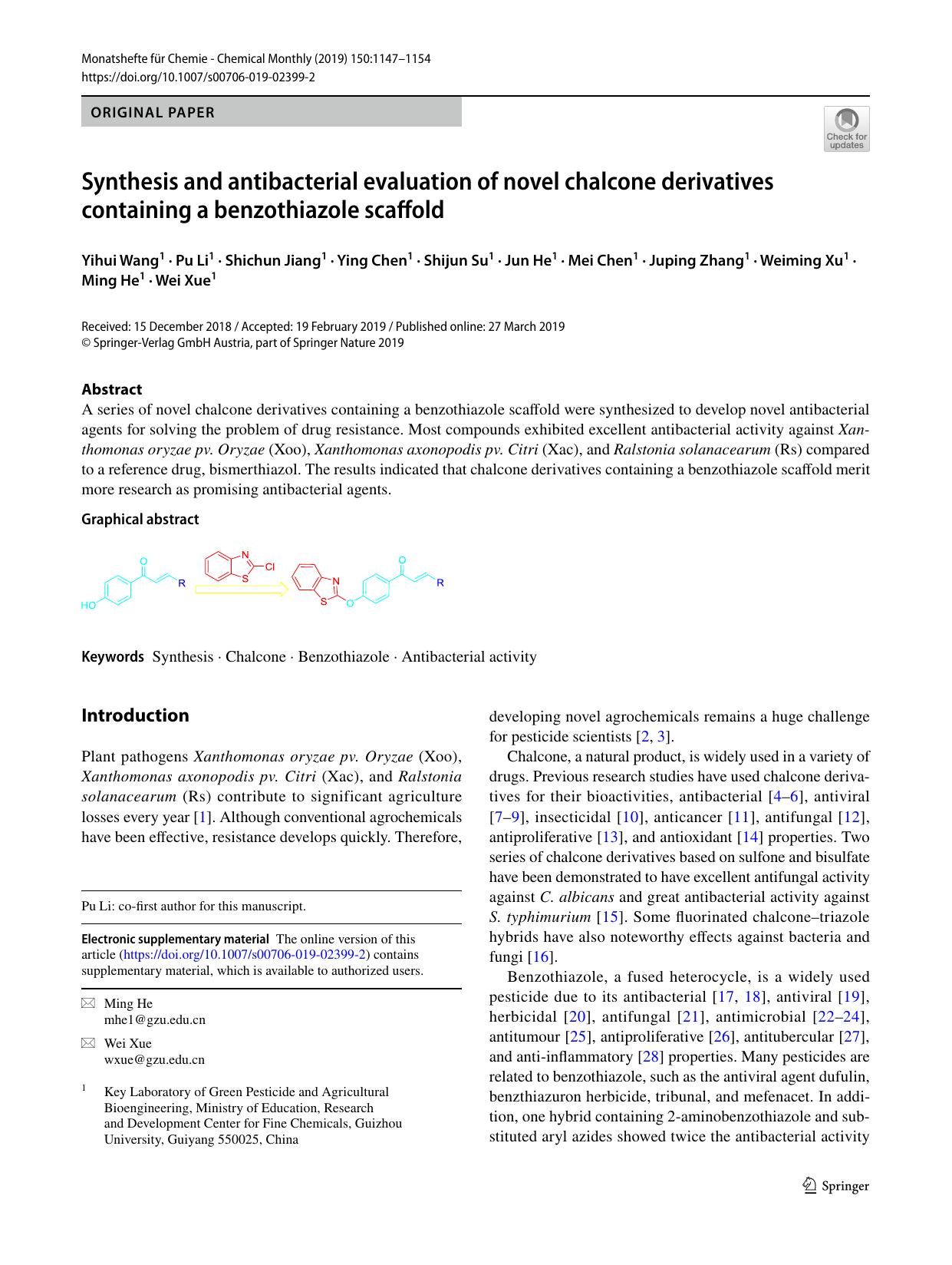 Synthesis and antibacterial evaluation of novel chalcone derivatives containing a benzothiazole scaffold by unknow