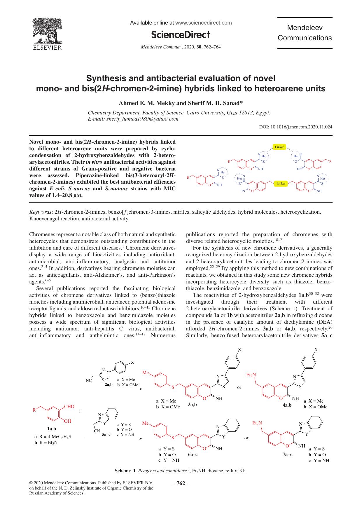 Synthesis and antibacterial evaluation of novel mono- and bis(2H-chromen-2-imine) hybrids linked to heteroarene units by Ahmed E.M. Mekky & Sherif M.H. Sanad