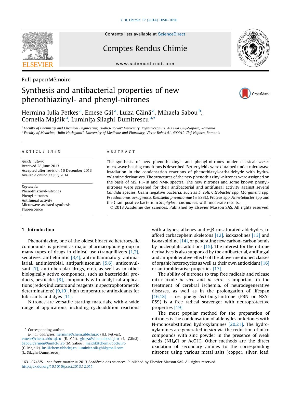 Synthesis and antibacterial properties of new phenothiazinyl- and phenyl-nitrones by unknow