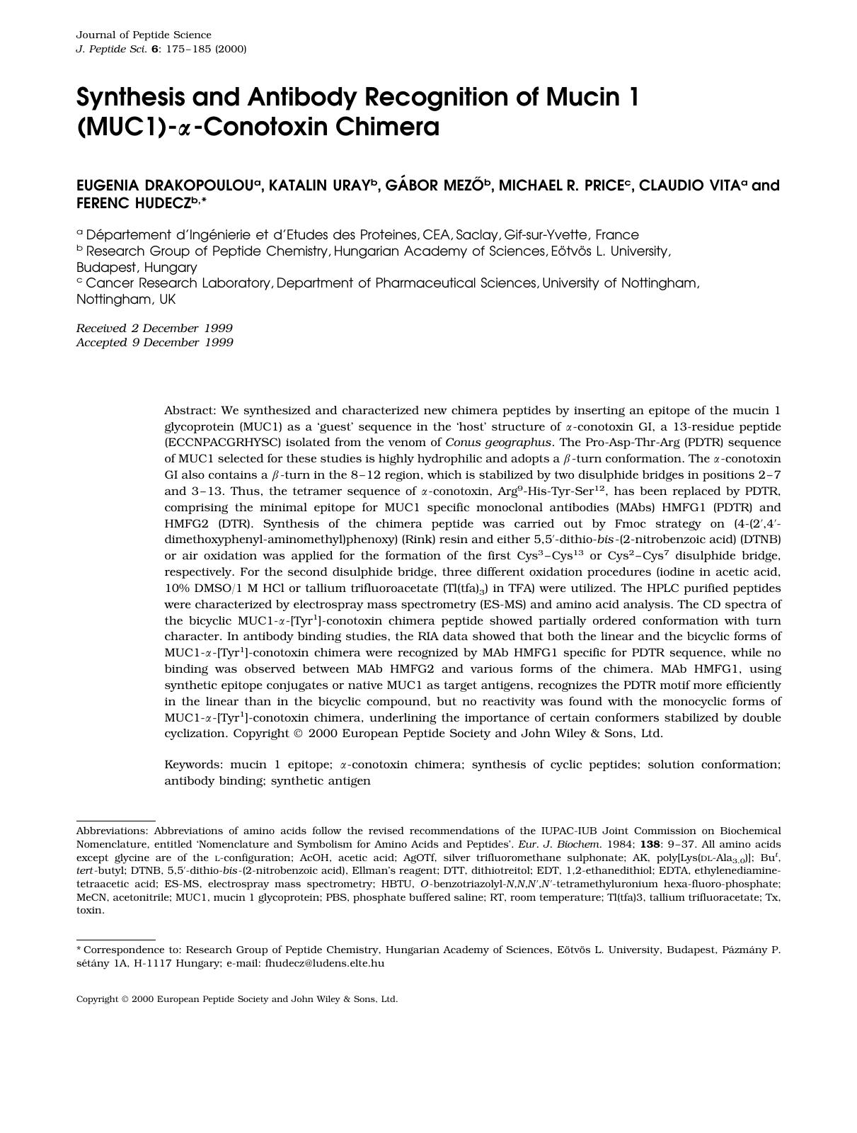 Synthesis and antibody recognition of mucin 1 (MUC1)-[alpha]-conotoxin chimera by Unknown