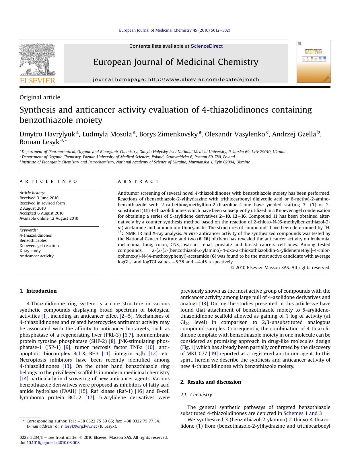 Synthesis and anticancer activity evaluation of 4-thiazolidinones containing benzothiazole moiety by unknow