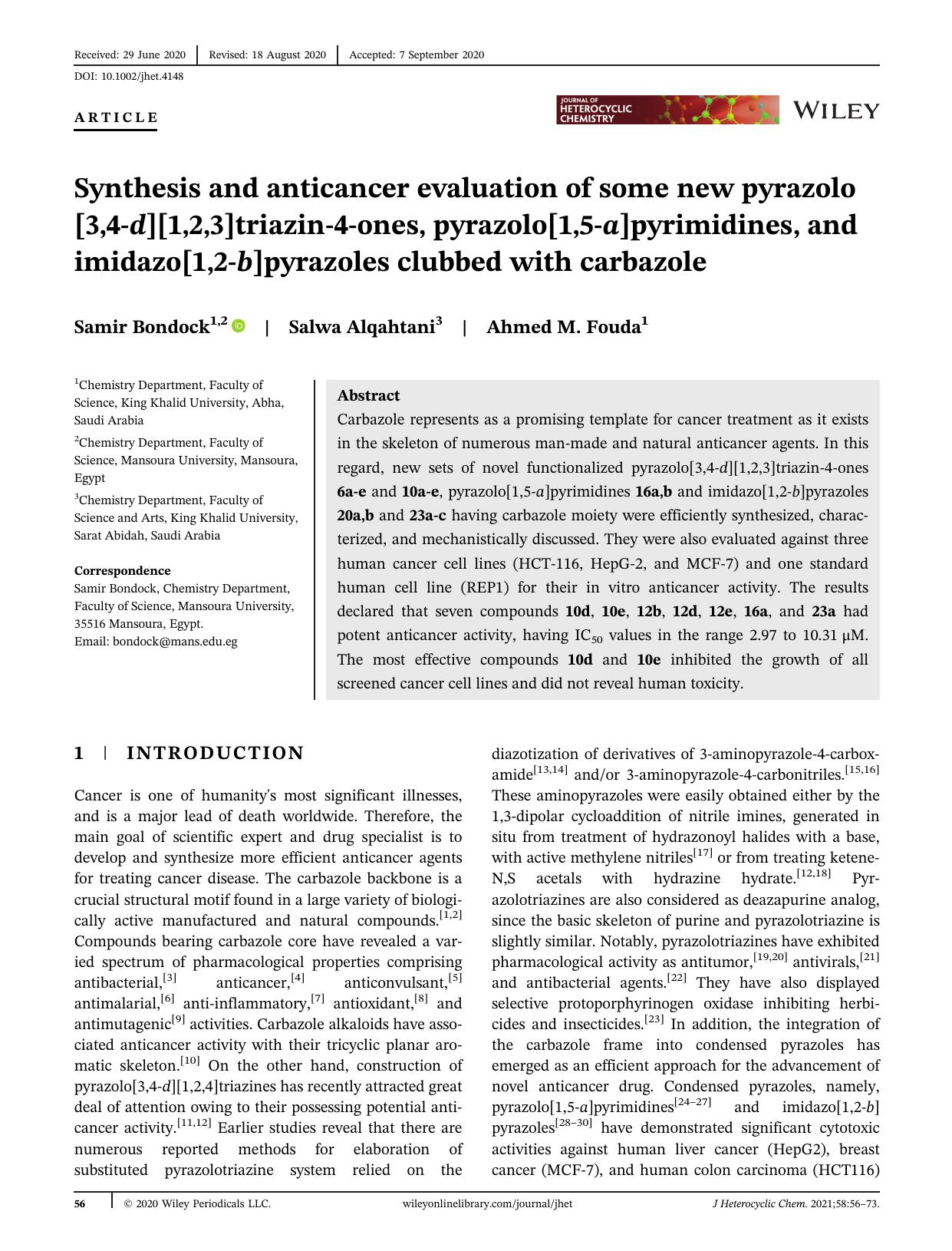 Synthesis and anticancer evaluation of some new pyrazolo[3,4-d][1,2,3]triazin-4-ones, pyrazolo[1,5-a]pyrimidines and imidazo[1,2-b]pyrazoles clubbed with carbazole by Unknown