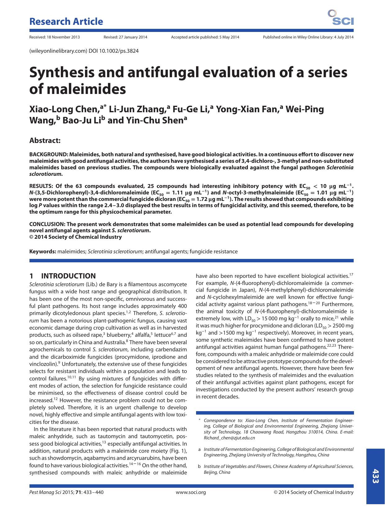 Synthesis and antifungal evaluation of a series of maleimides by Unknown