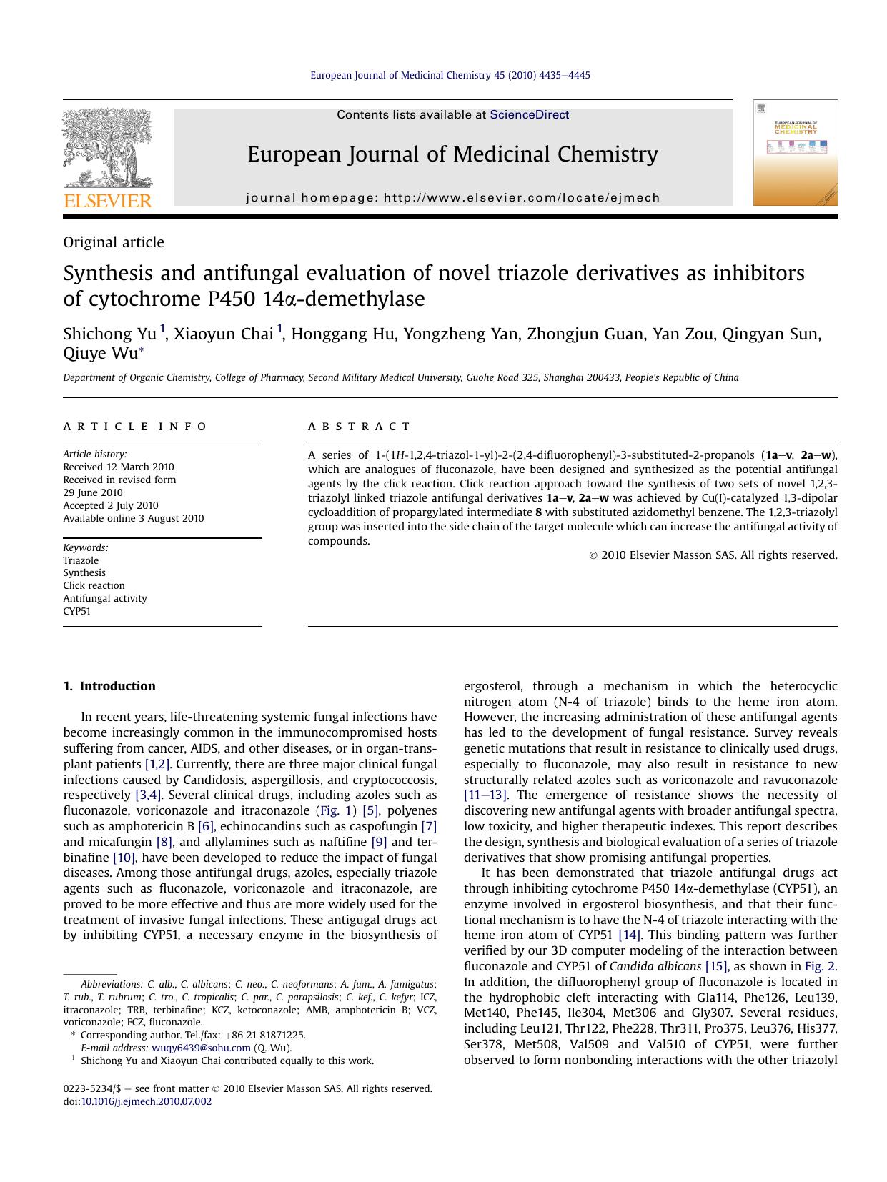 Synthesis and antifungal evaluation of novel triazole derivatives as inhibitors of cytochrome P450 14&alpha;-demethylase by unknow