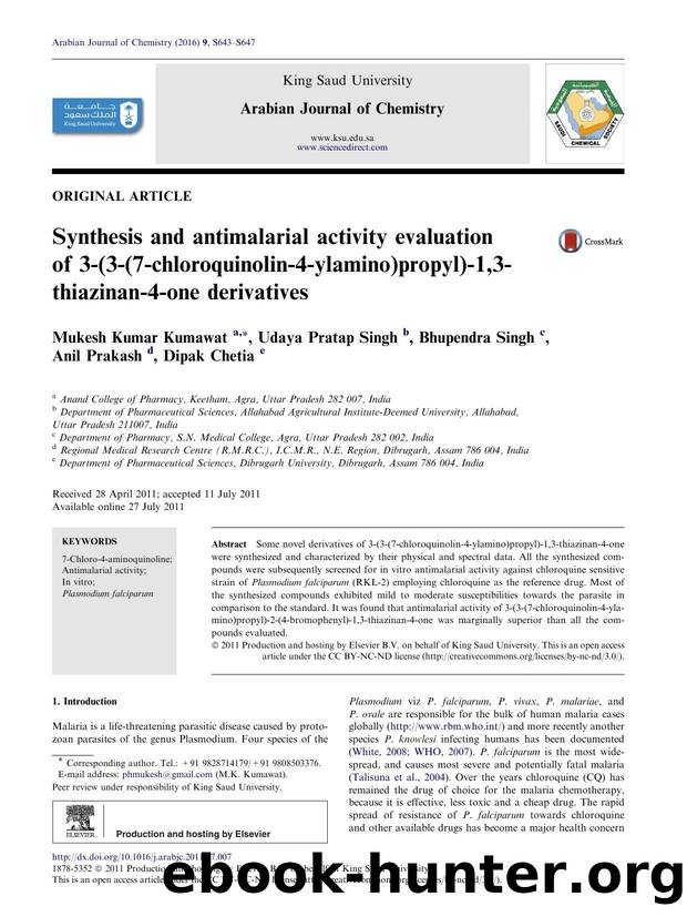 Synthesis and antimalarial activity evaluation of 3-(3-(7-chloroquinolin-4-ylamino)propyl)-1,3-thiazinan-4-one derivatives by Mukesh Kumar Kumawat & Udaya Pratap Singh & Bhupendra Singh & Anil Prakash & Dipak Chetia