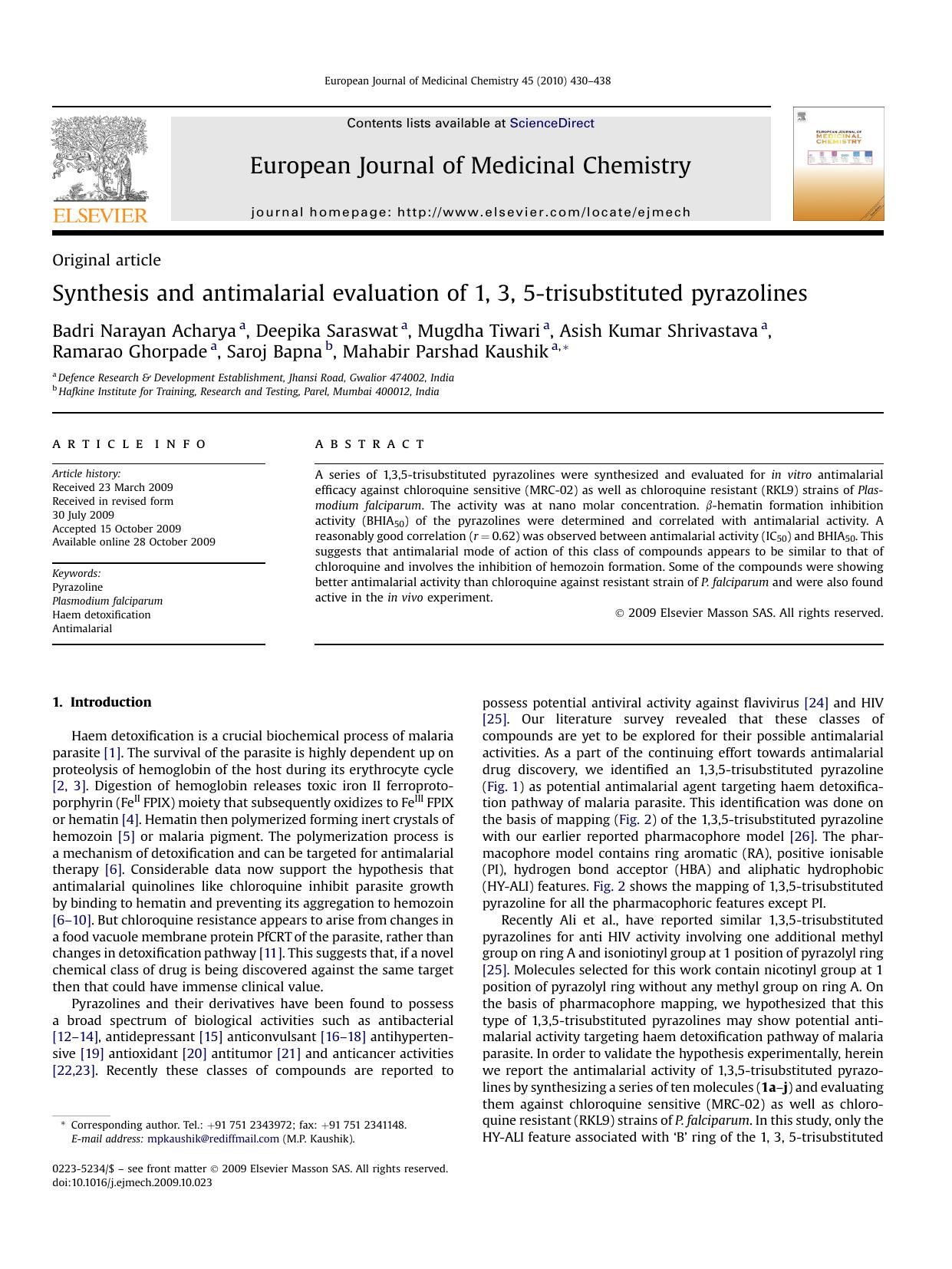 Synthesis and antimalarial evaluation of 1, 3, 5-trisubstituted pyrazolines by unknow