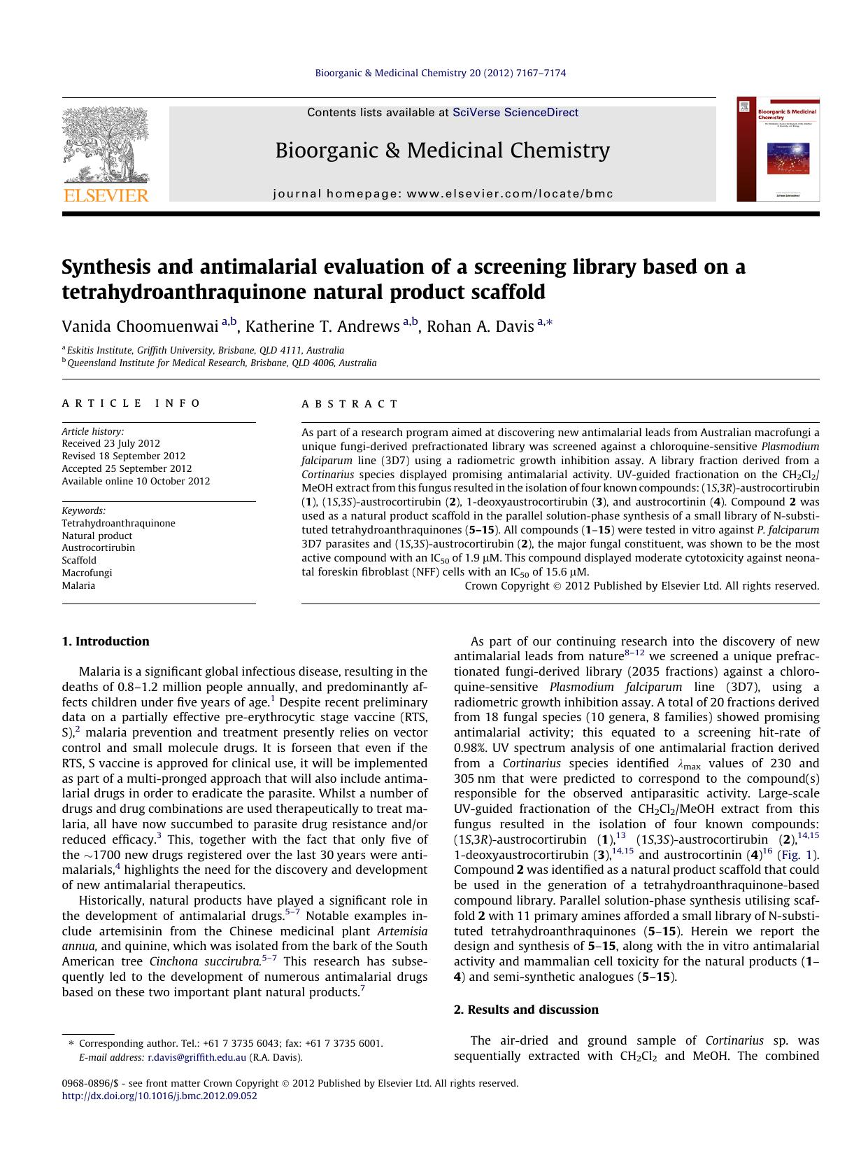 Synthesis and antimalarial evaluation of a screening library based on a tetrahydroanthraquinone natural product scaffold by Vanida Choomuenwai & Katherine T. Andrews & Rohan A. Davis