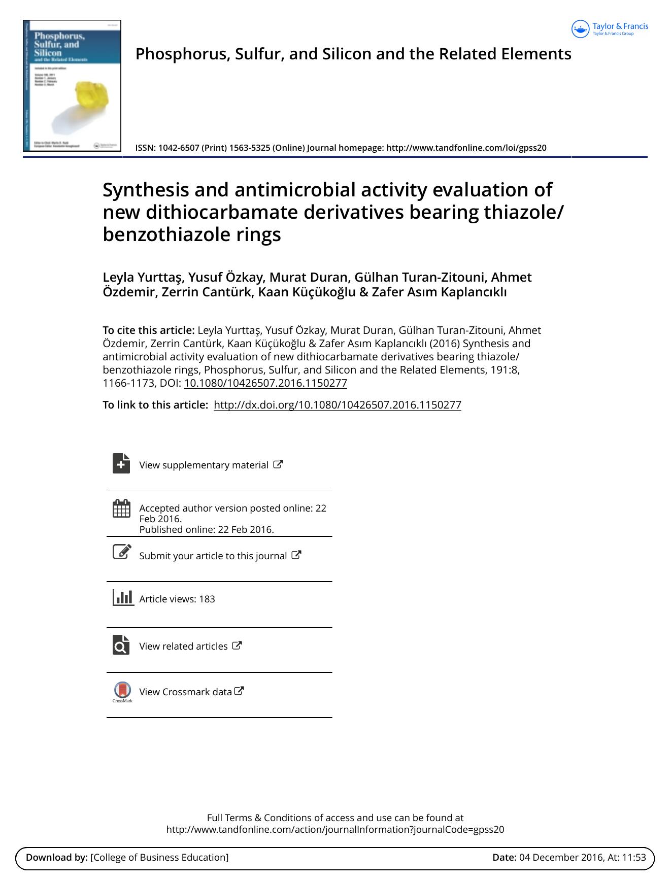 Synthesis and antimicrobial activity evaluation of new dithiocarbamate derivatives bearing thiazolebenzothiazole rings by unknow