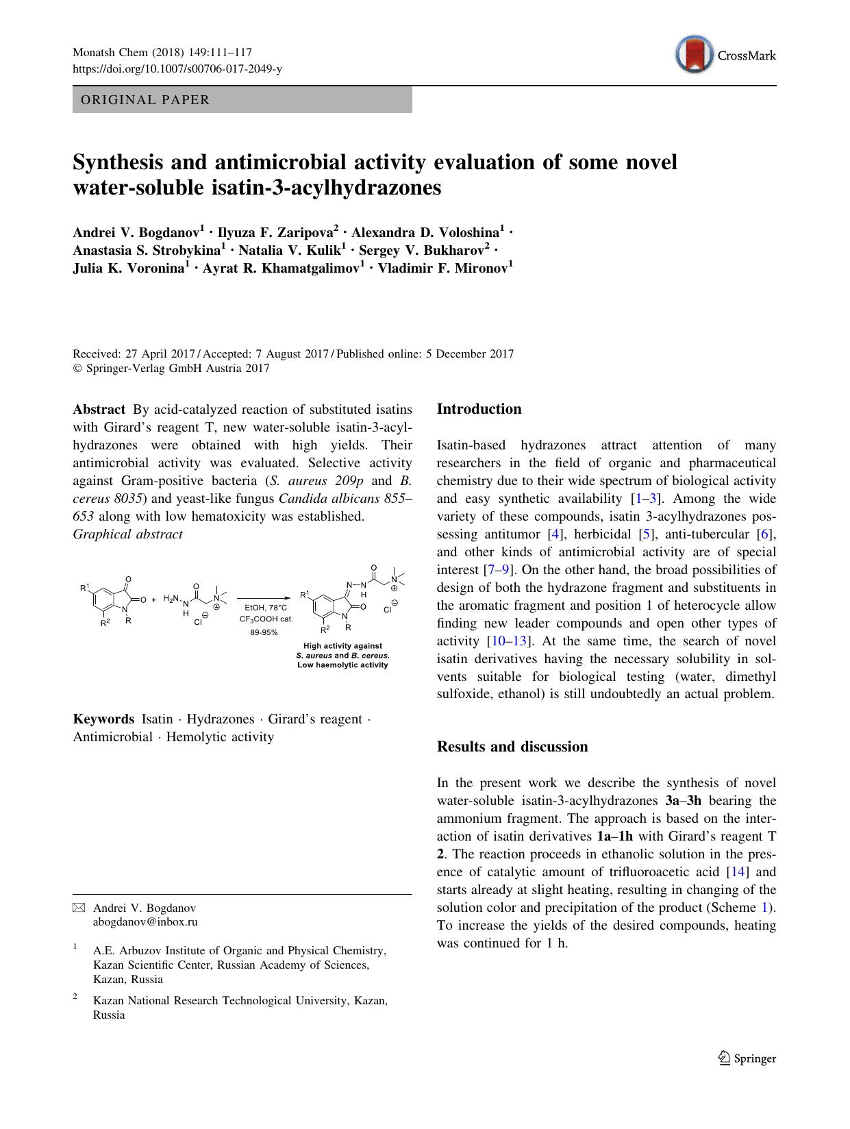 Synthesis and antimicrobial activity evaluation of some novel water-soluble isatin-3-acylhydrazones by unknow