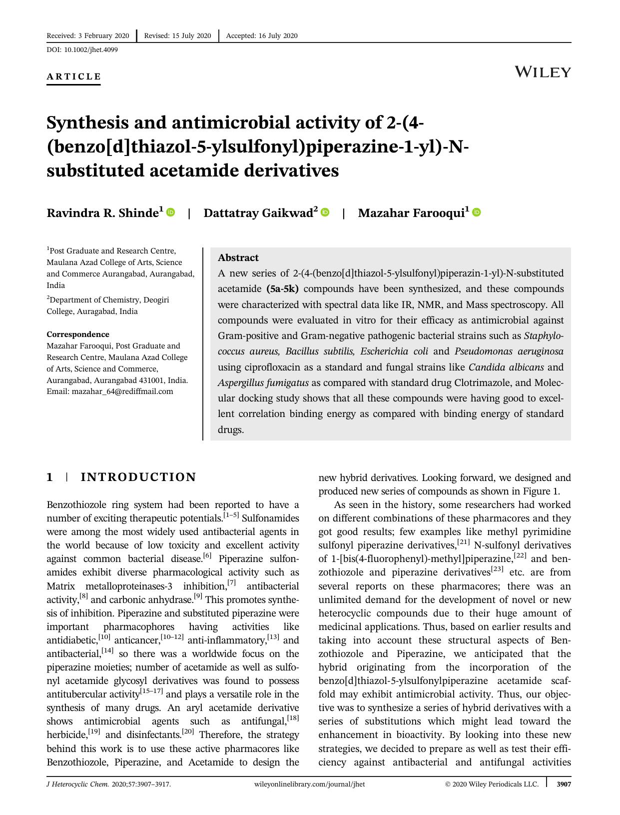Synthesis and antimicrobial activity of 2-(4-(benzo[d]thiazol-5-ylsulfonyl) piperazine-1-yl)-N-substituted acetamide derivatives by Unknown