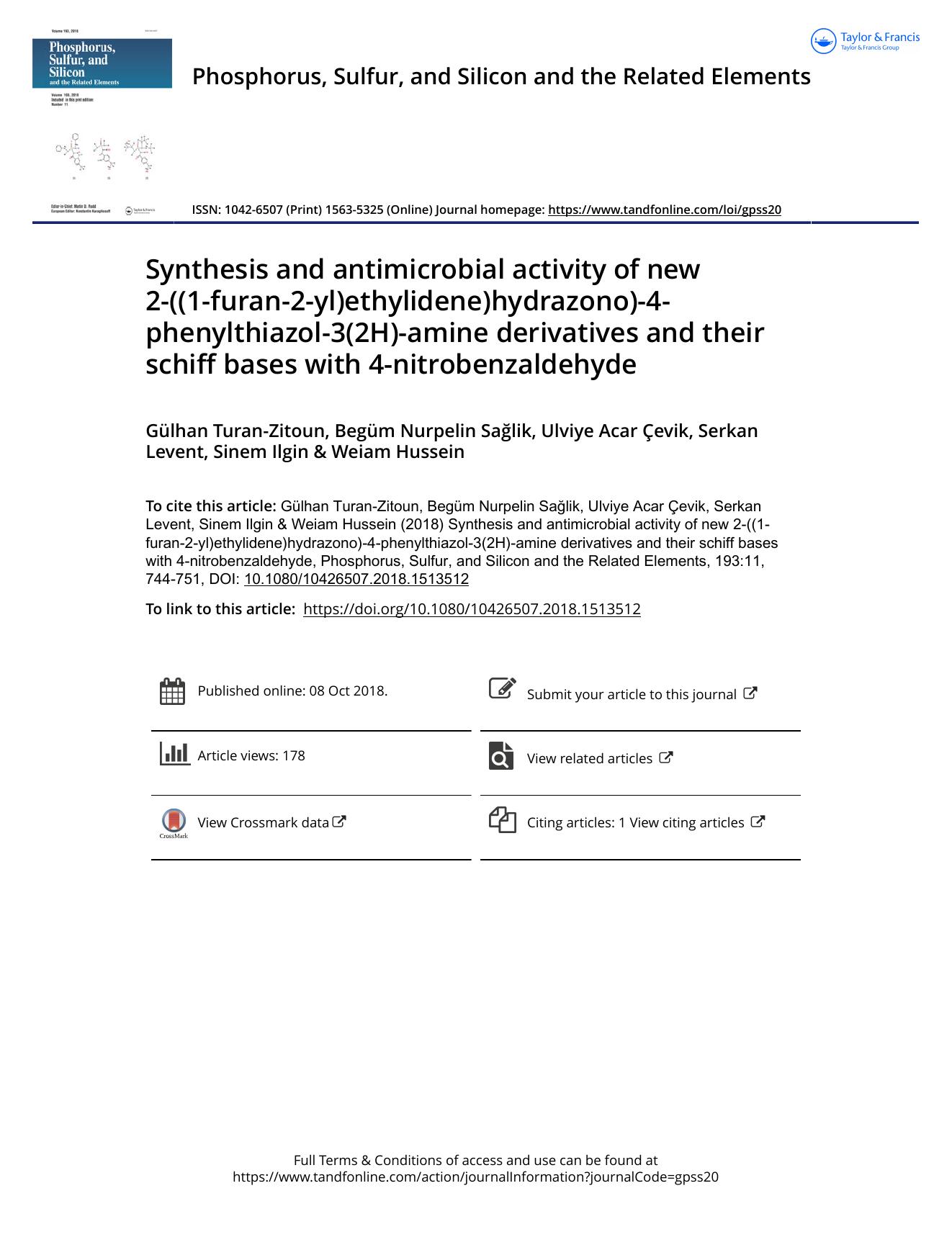 Synthesis and antimicrobial activity of new 2-((1-furan-2-yl)ethylidene)hydrazono)-4-phenylthiazol-3(2H)-amine derivatives and their schiff bases with 4-nitrobenzaldehyde by unknow