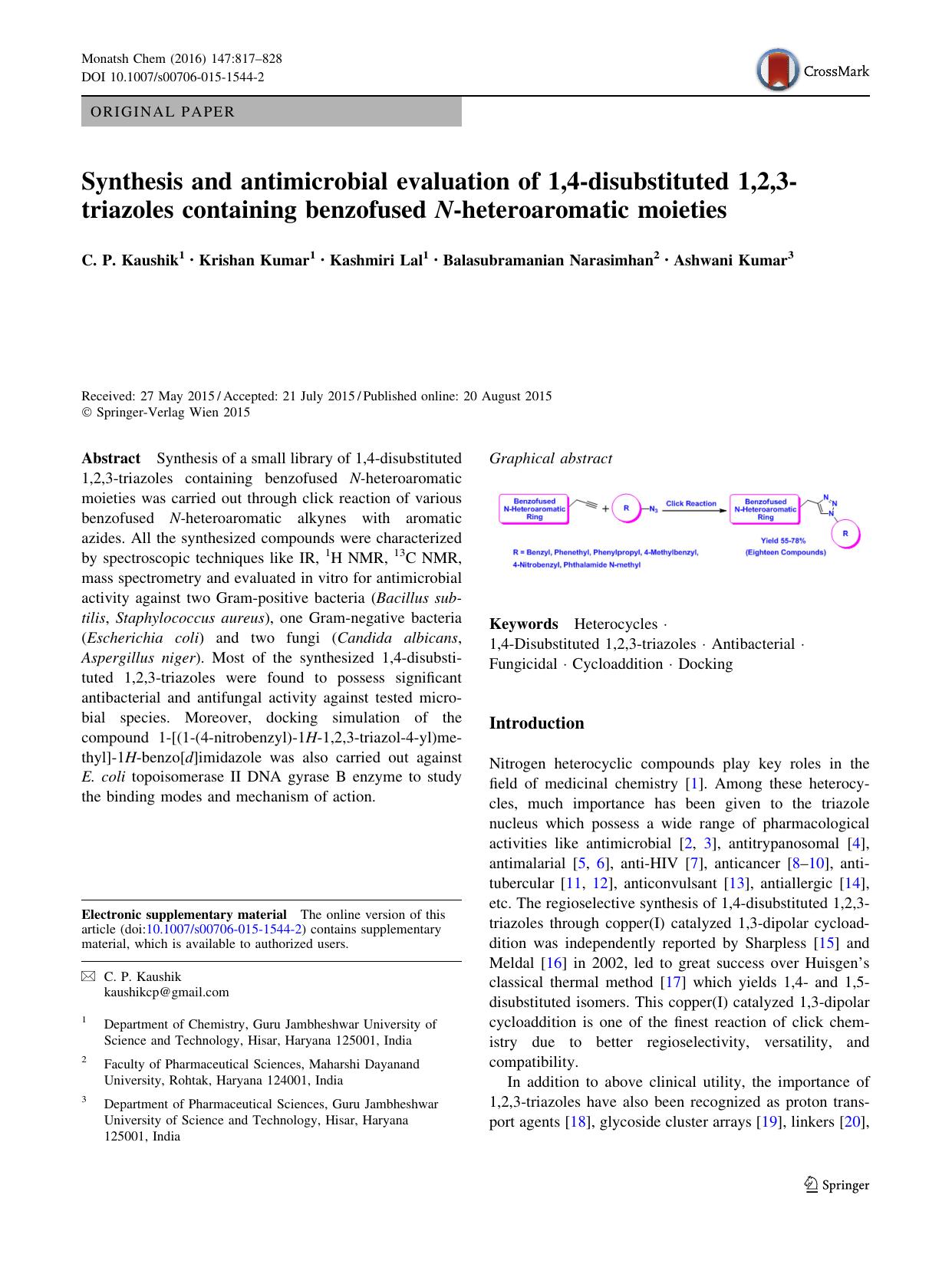Synthesis and antimicrobial evaluation of 1,4-disubstituted 1,2,3-triazoles containing benzofused N-heteroaromatic moieties by C. P. Kaushik & Krishan Kumar & Kashmiri Lal & Balasubramanian Narasimhan & Ashwani Kumar