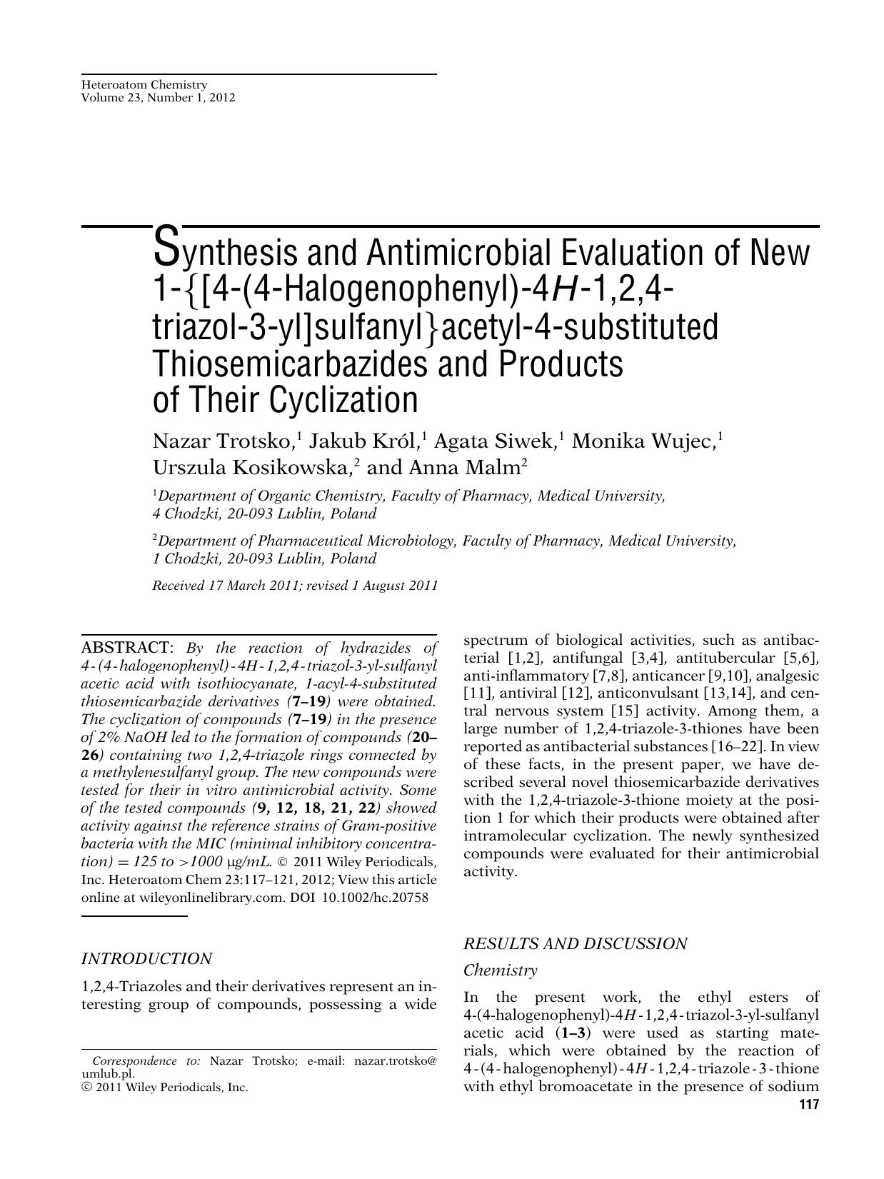 Synthesis and antimicrobial evaluation of new 1{[4(4Halogenophenyl)4H1,2,4 triazol3yl]sulfanyl}acetyl4substituted thiosemicarbazides and products of their cyclization by Aptara