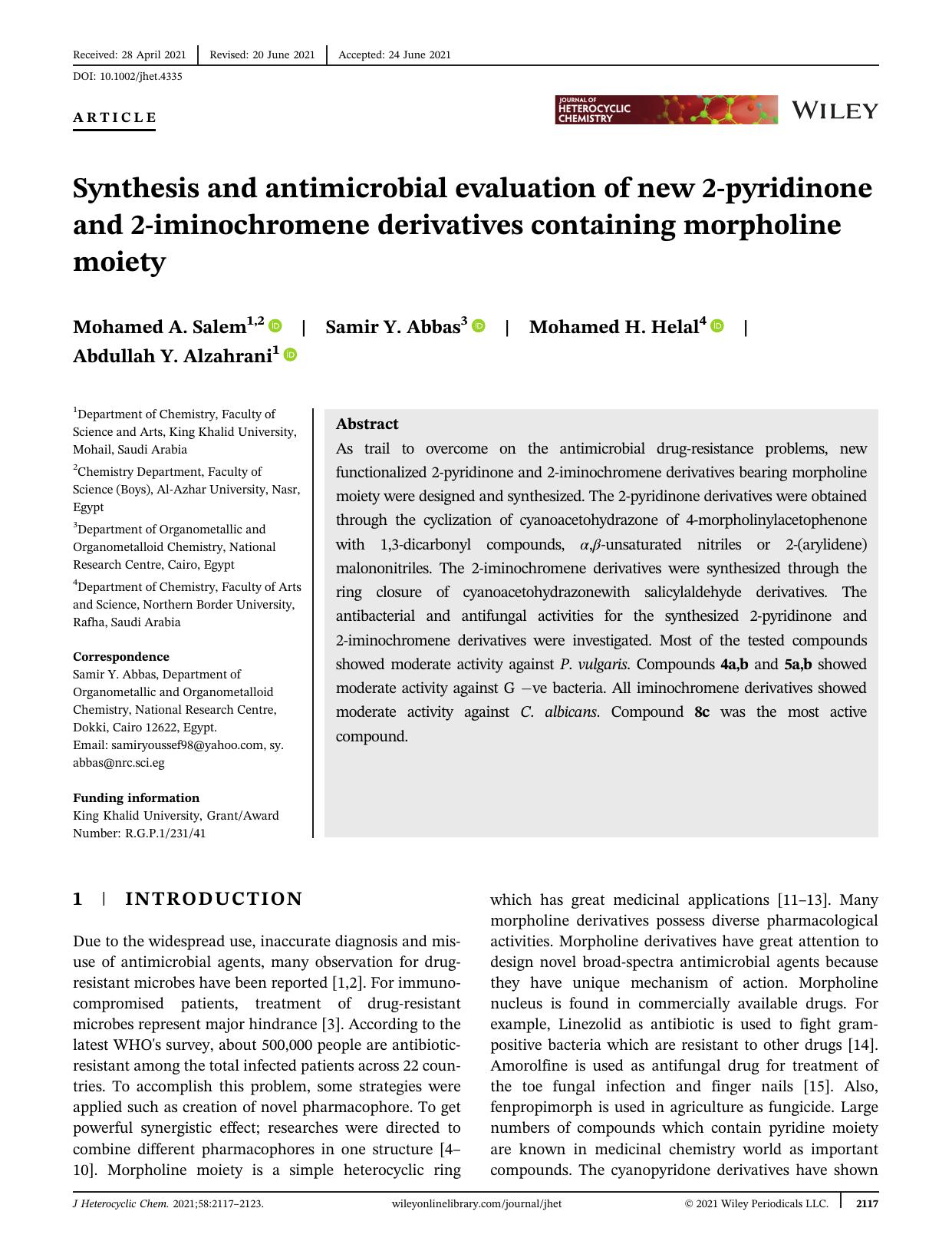 Synthesis and antimicrobial evaluation of new 2-pyridinone and 2-iminochromene derivatives containing morpholine moiety by Unknown
