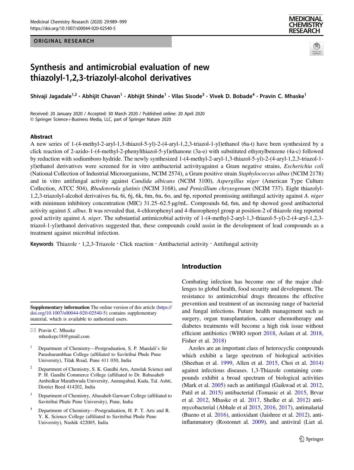 Synthesis and antimicrobial evaluation of new thiazolyl-1,2,3-triazolyl-alcohol derivatives by unknow