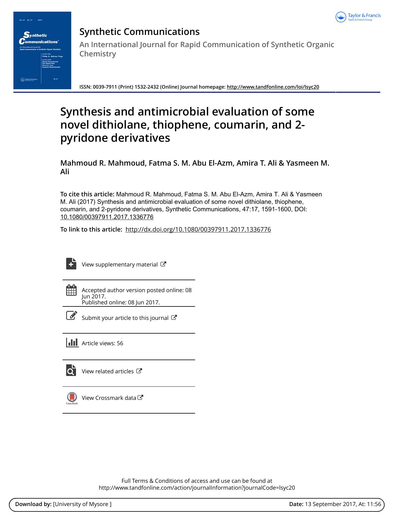 Synthesis and antimicrobial evaluation of some novel dithiolane, thiophene, coumarin, and 2-pyridone derivatives by Mahmoud R. Mahmoud