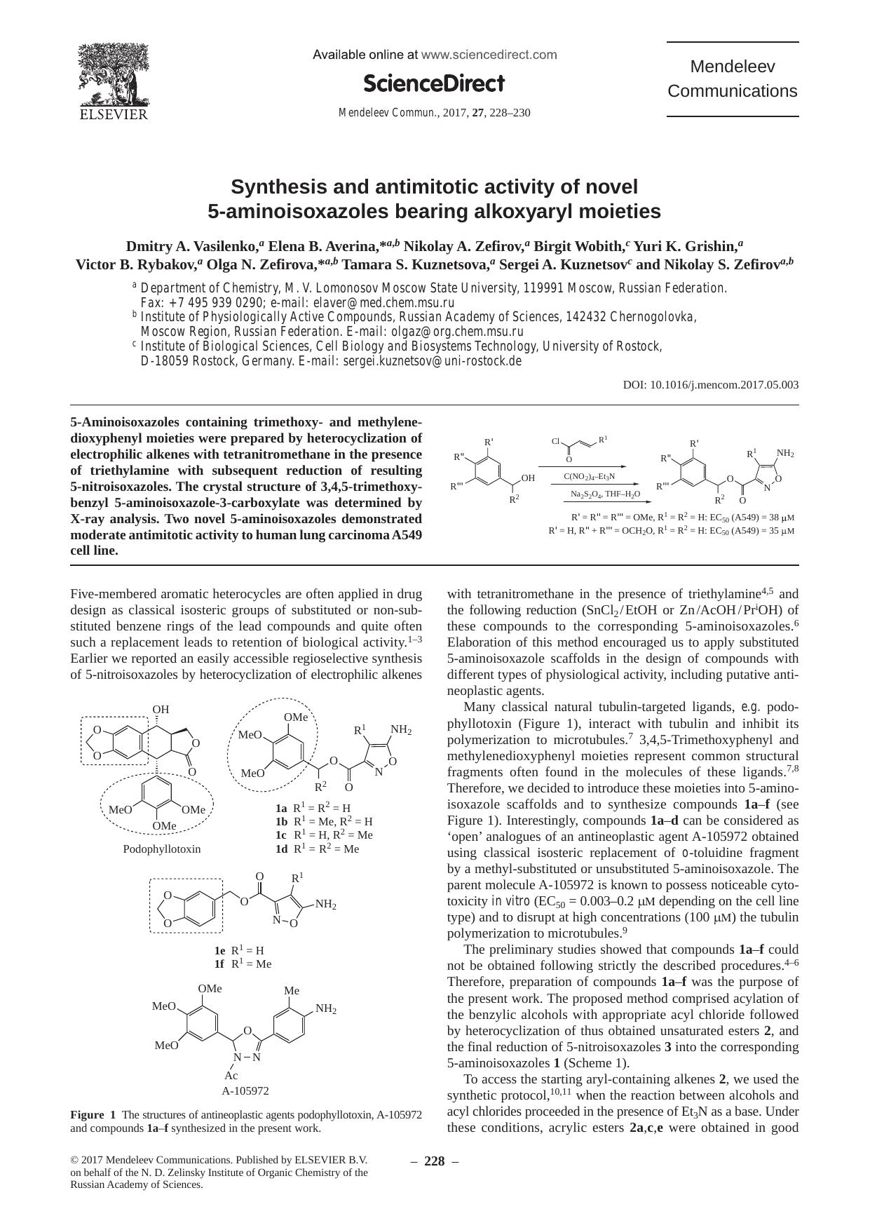 Synthesis and antimitotic activity of novel 5-aminoisoxazoles bearing alkoxyaryl moieties by unknow