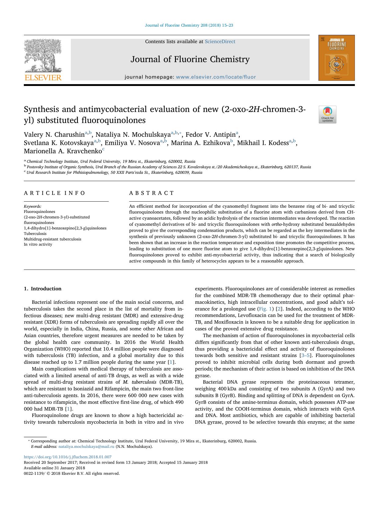 Synthesis and antimycobacterial evaluation of new (2-oxo-2H-chromen-3-yl) substituted fluoroquinolones by unknow