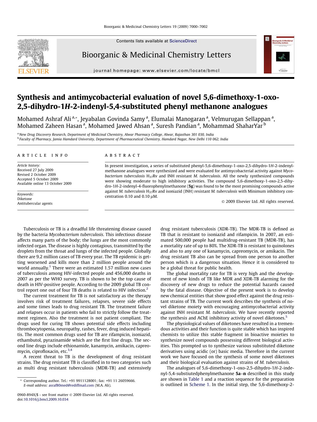Synthesis and antimycobacterial evaluation of novel 5,6-dimethoxy-1-oxo-2,5-dihydro-1H-2-indenyl-5,4-substituted phenyl methanone analogues by unknow