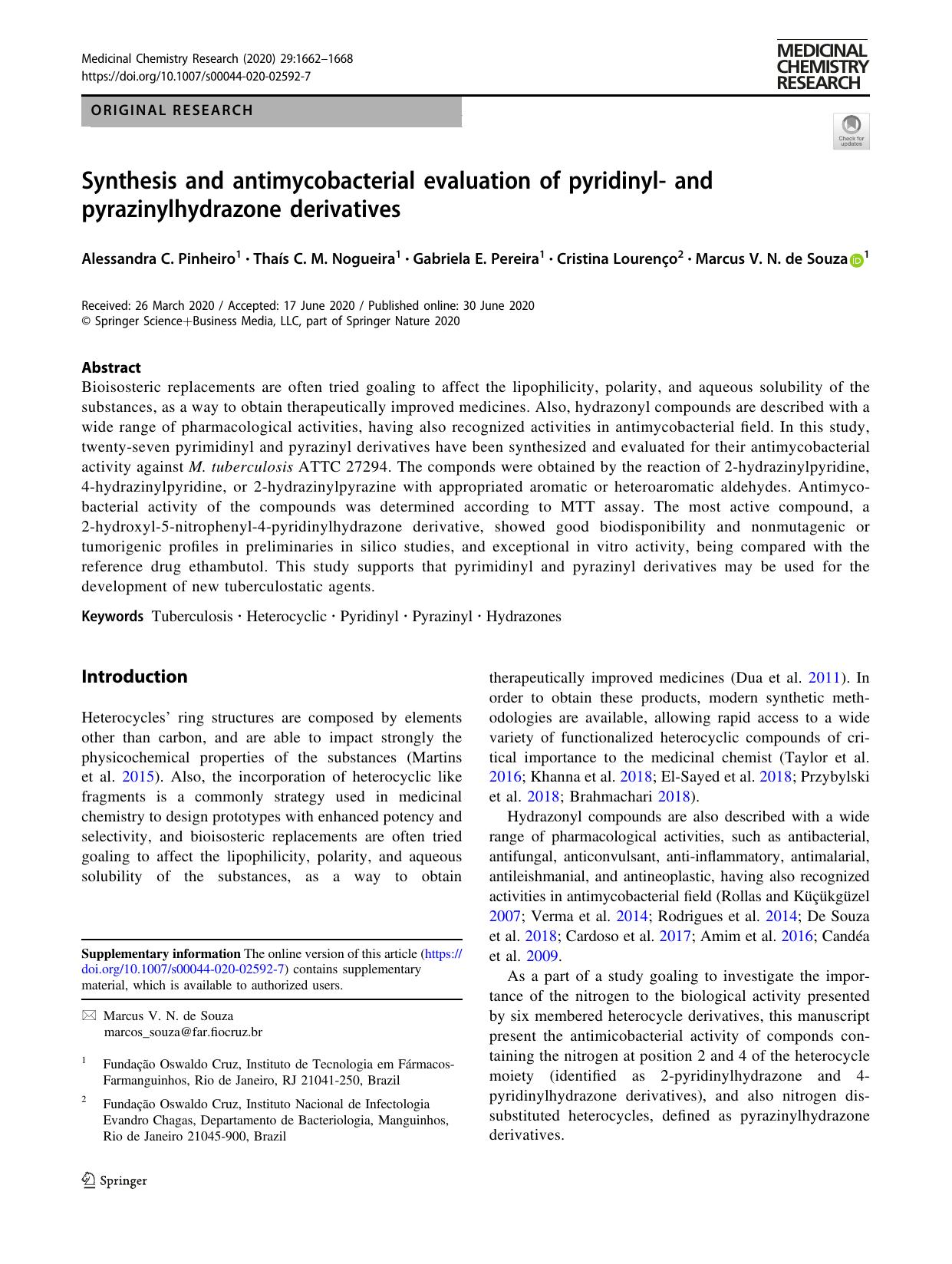 Synthesis and antimycobacterial evaluation of pyridinyl- and pyrazinylhydrazone derivatives by unknow