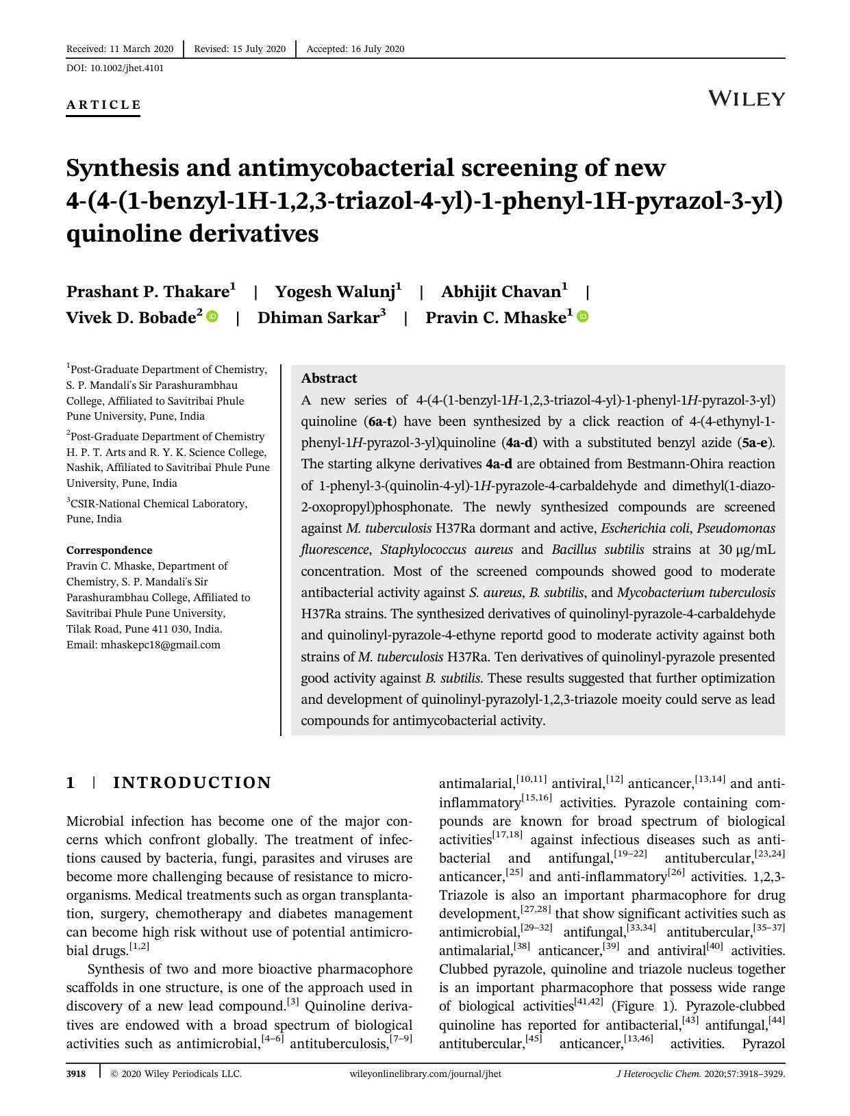 Synthesis and antimycobacterial screening of new 4-(4-(1-benzyl-1H-1,2,3-triazol-4-yl)-1-phenyl-1H-pyrazol-3-yl)quinoline derivatives by Unknown
