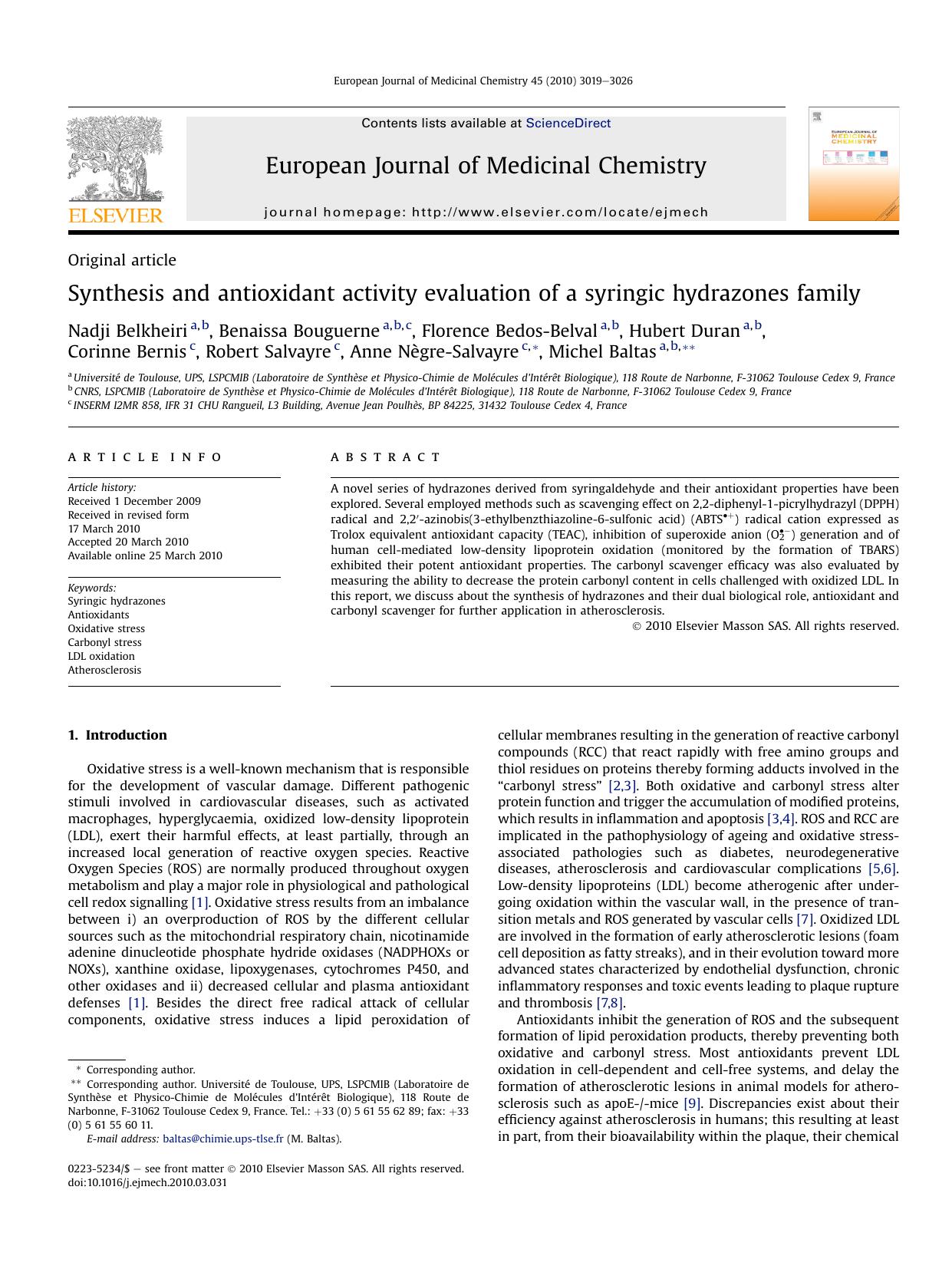 Synthesis and antioxidant activity evaluation of a syringic hydrazones family by unknow