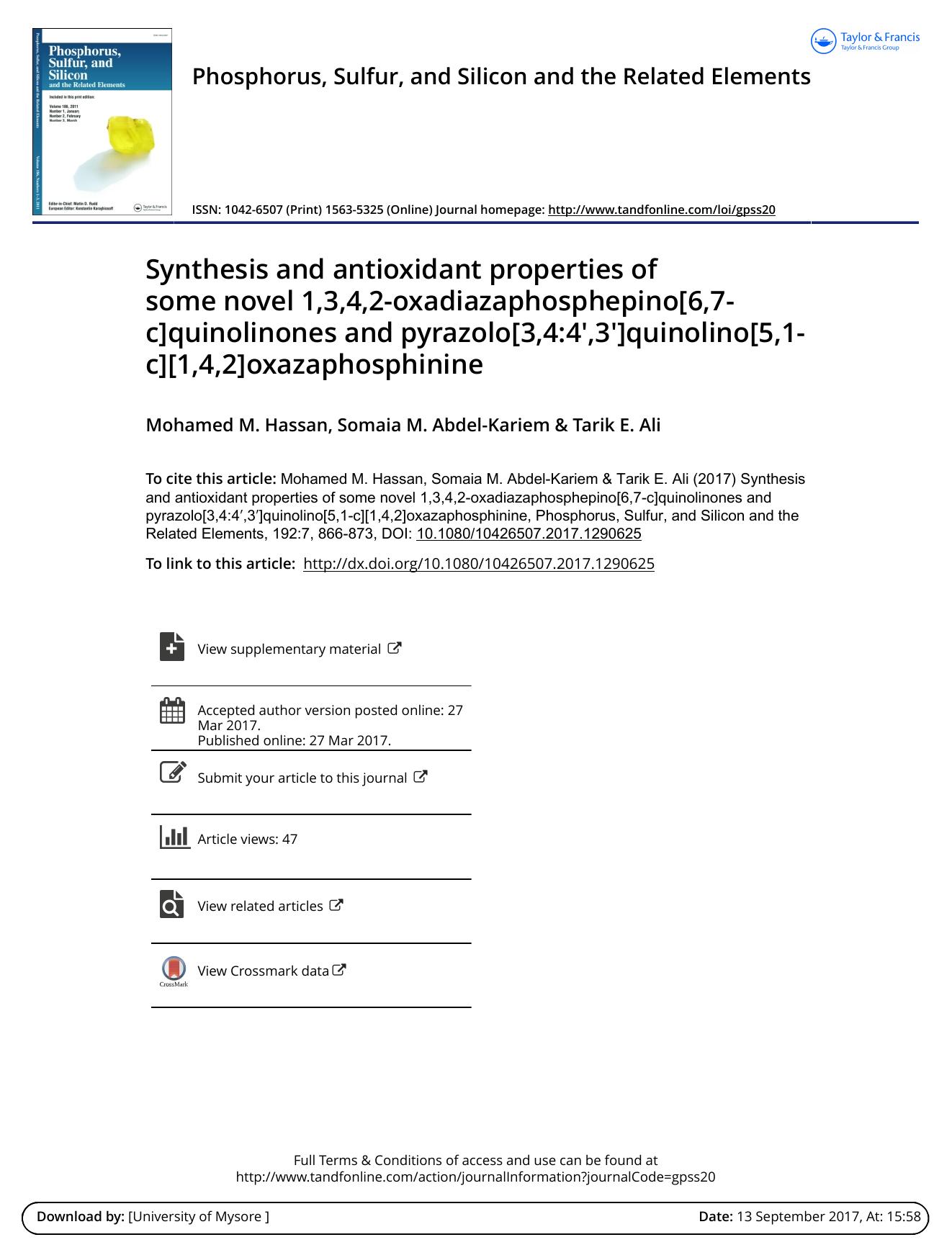 Synthesis and antioxidant properties of some novel 1,3,4,2-oxadiazaphosphepino[6,7-c]quinolinones and pyrazolo[3,4:4,3]quinolino[5,1-c][1,4,2]oxazaphosphinine by Mohamed M. Hassan & Somaia M. Abdel-Kariem & Tarik E. Ali