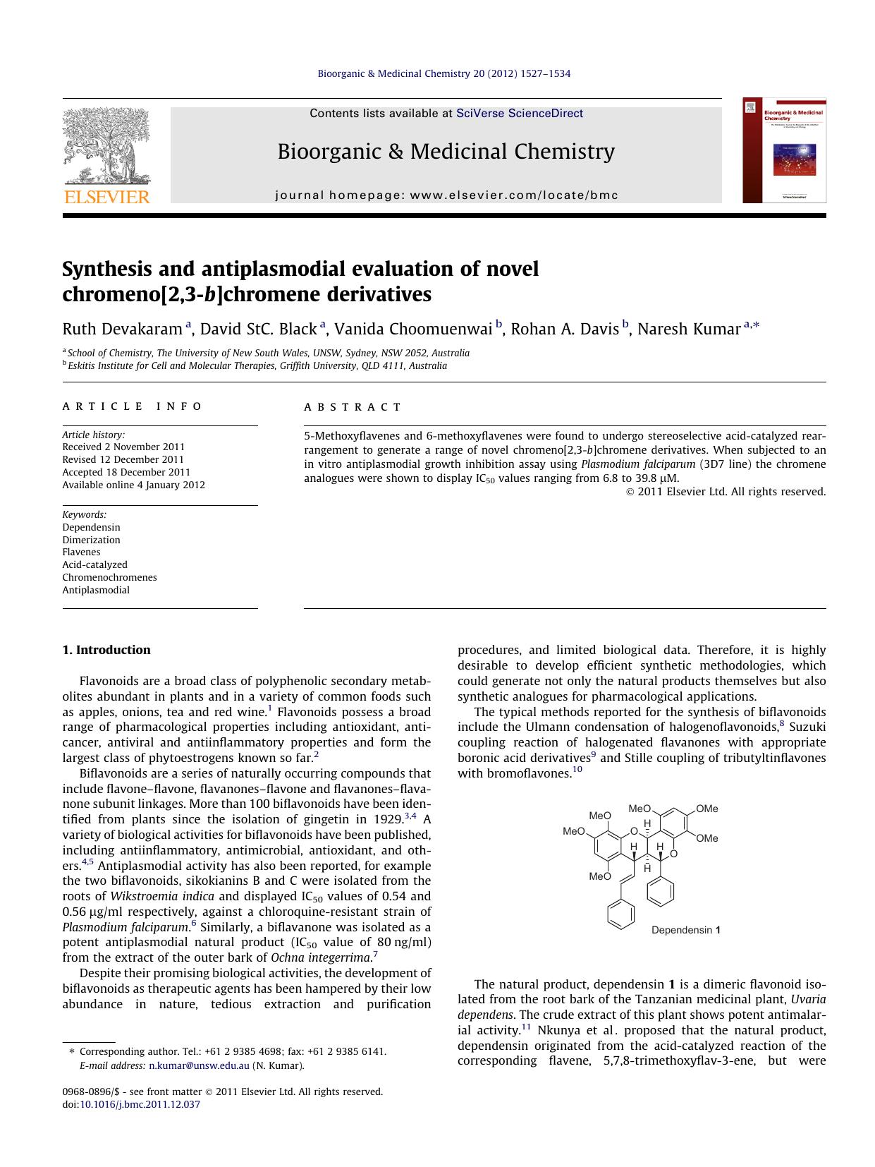 Synthesis and antiplasmodial evaluation of novel chromeno[2,3-b]chromene derivatives by Ruth Devakaram & David StC. Black & Vanida Choomuenwai & Rohan A. Davis & Naresh Kumar