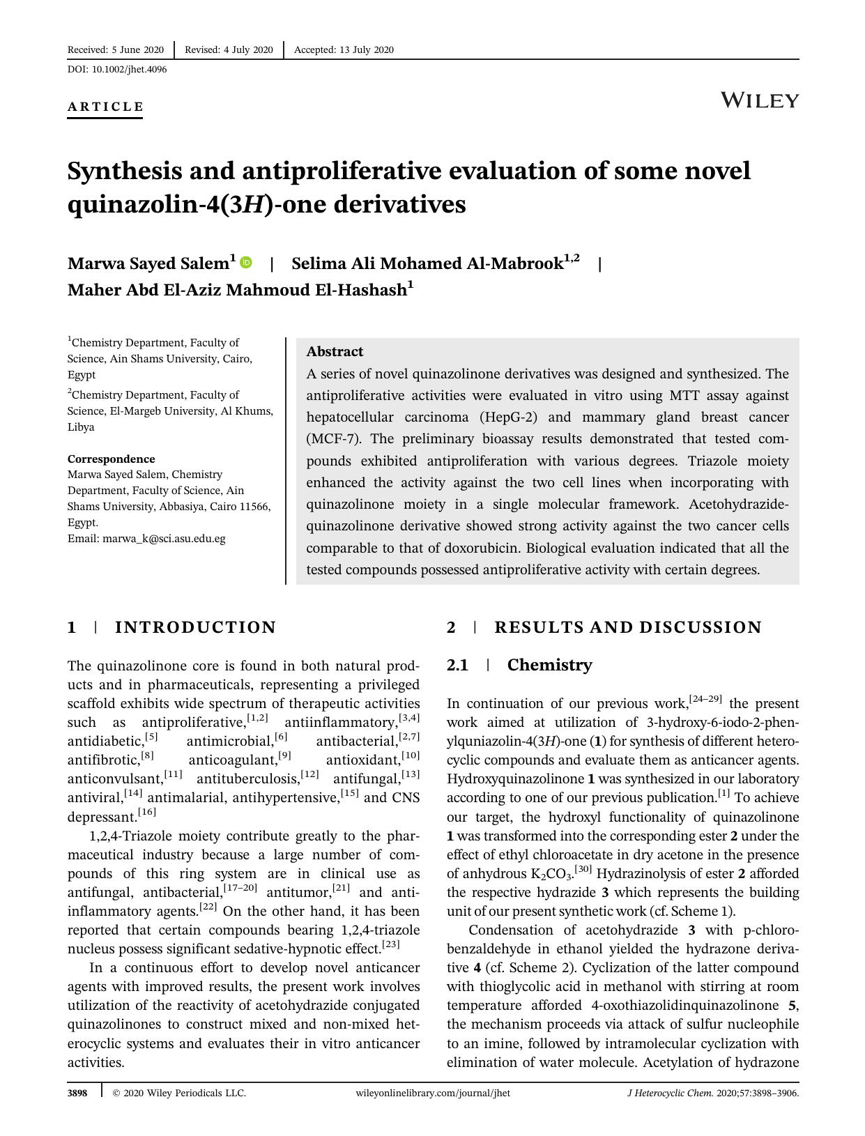 Synthesis and antiproliferative Evaluation of Some Novel Quinazolin-4(3H)-one Derivatives by Unknown