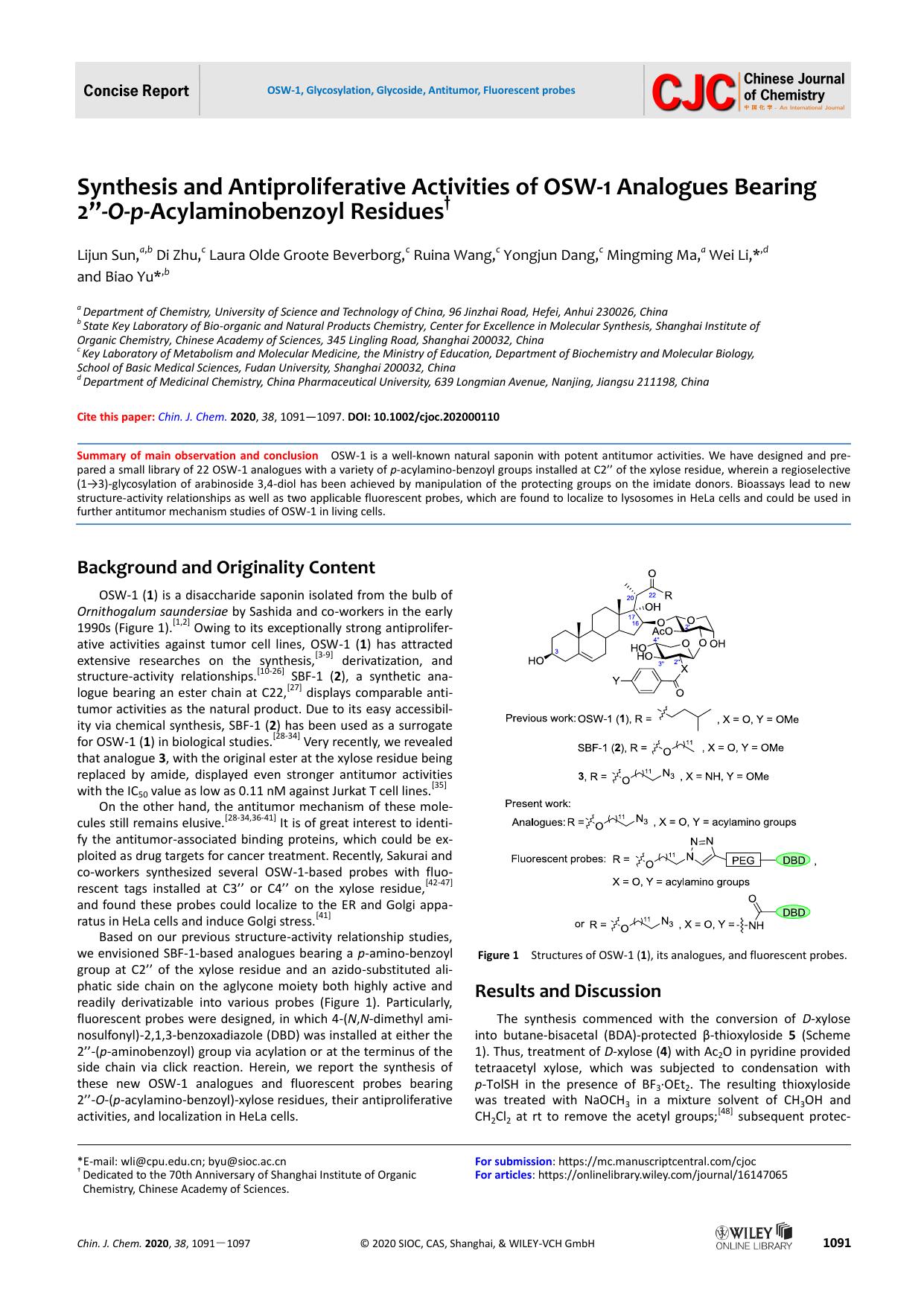 Synthesis and antiproliferative activities of OSW-1 analogues bearing 2ââ-O-p-acylaminobenzoyl residues by USER