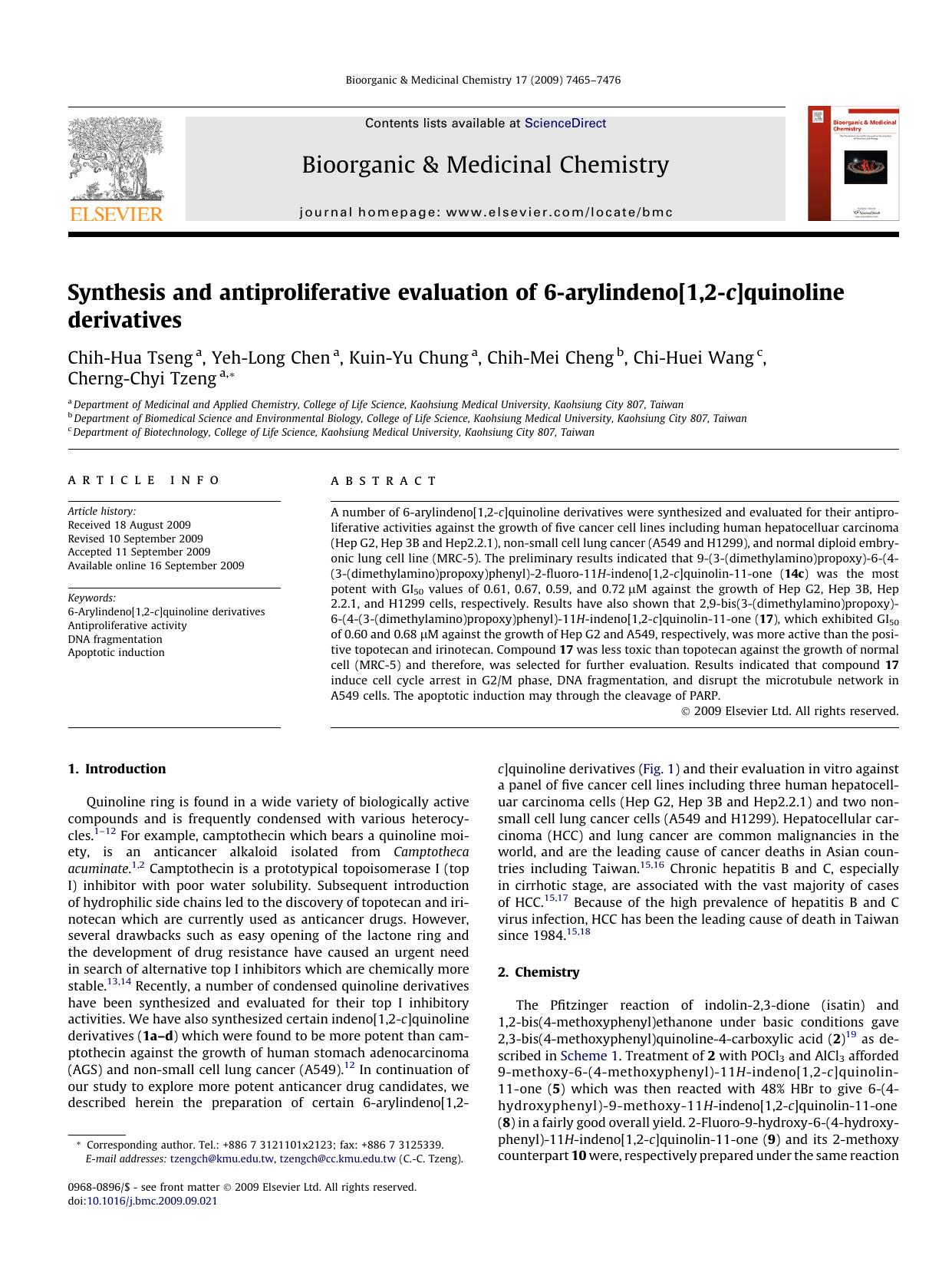Synthesis and antiproliferative evaluation of 6-arylindeno[1,2-c]quinoline derivatives by Chih-Hua Tseng; Yeh-Long Chen; Kuin-Yu Chung; Chih-Mei Cheng; Chi-Huei Wang; Cherng-Chyi Tzeng