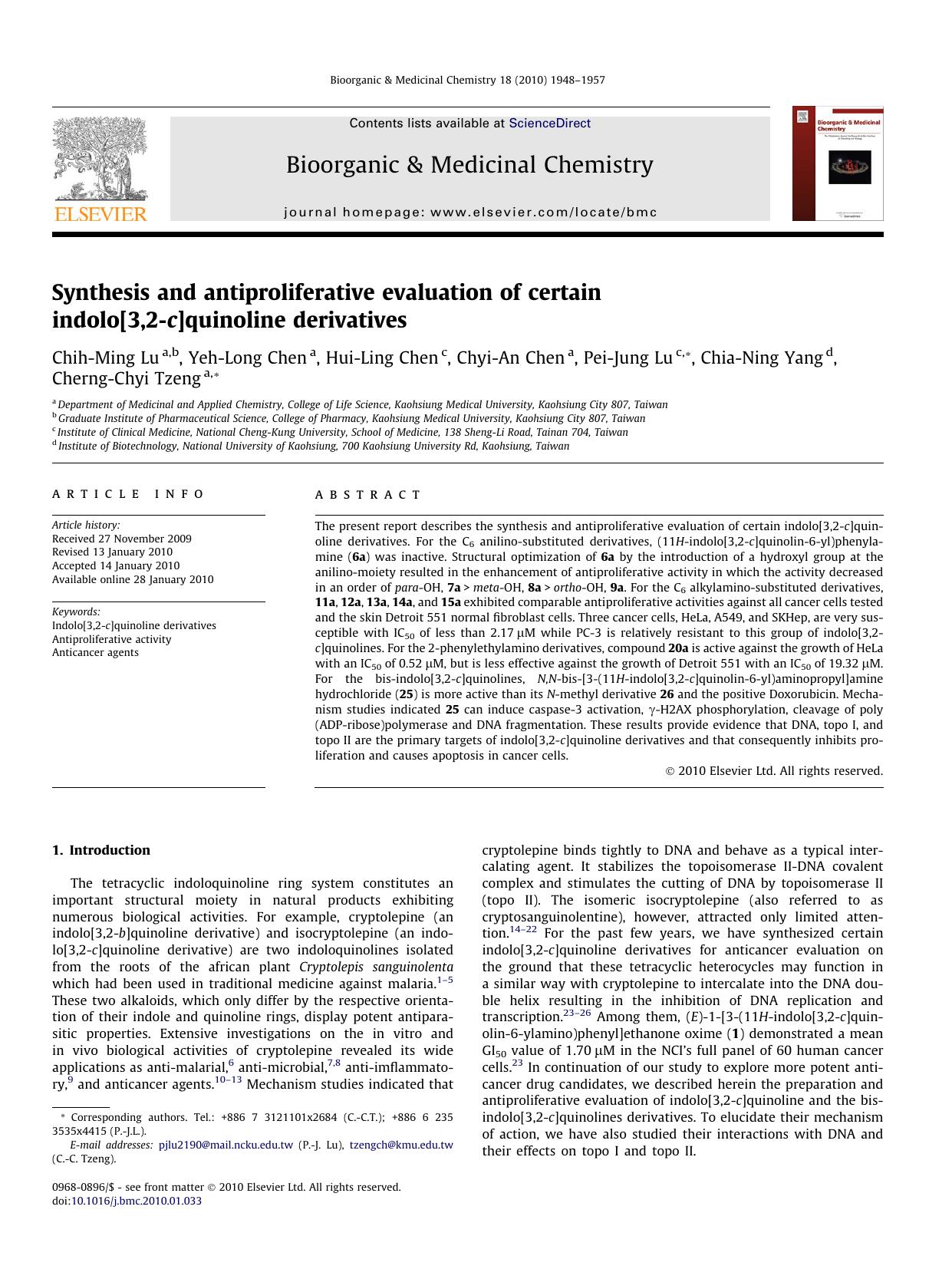Synthesis and antiproliferative evaluation of certain indolo[3,2-c]quinoline derivatives by unknow