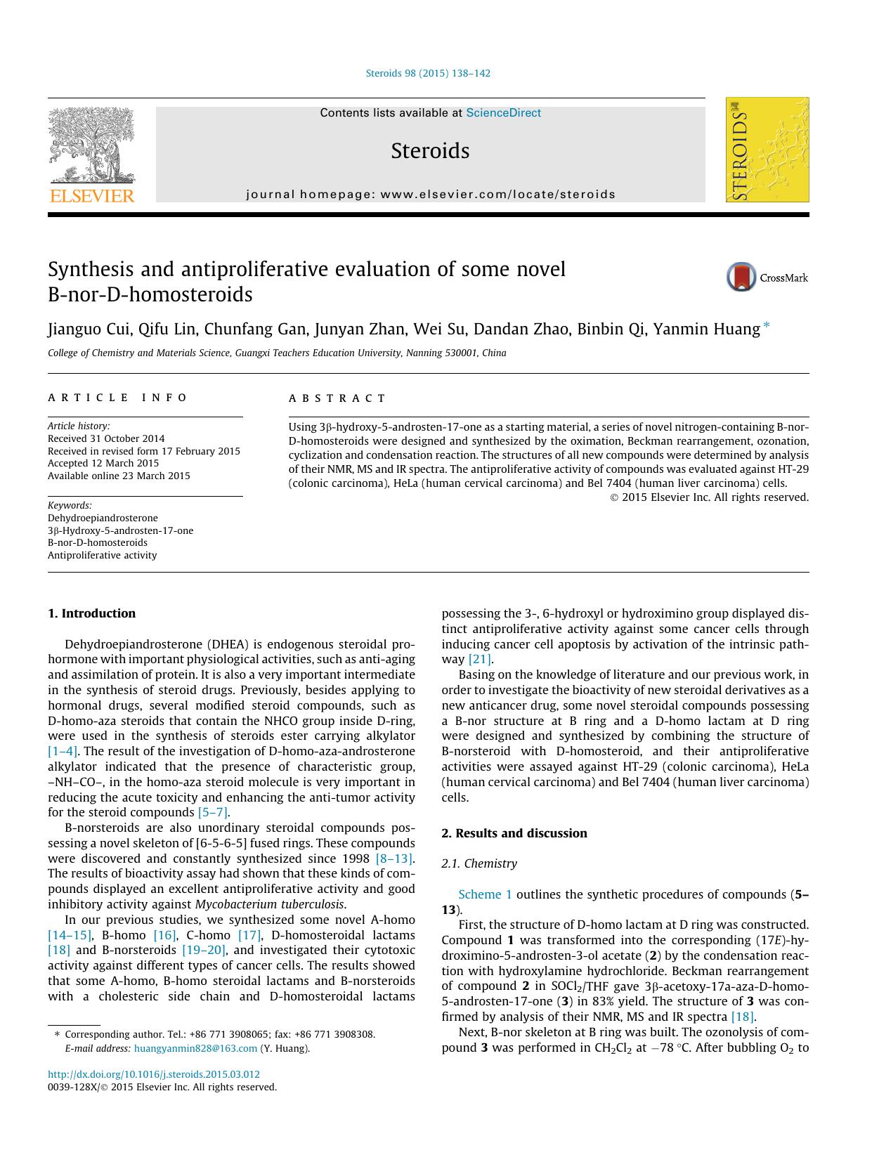 Synthesis and antiproliferative evaluation of some novel B-nor-D-homosteroids by unknow