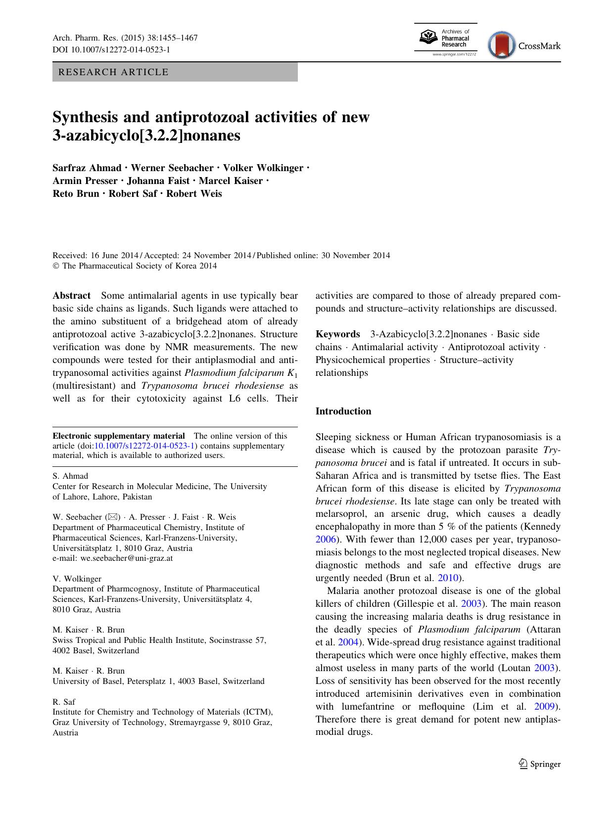 Synthesis and antiprotozoal activities of new 3-azabicyclo[3.2.2]nonanes by unknow