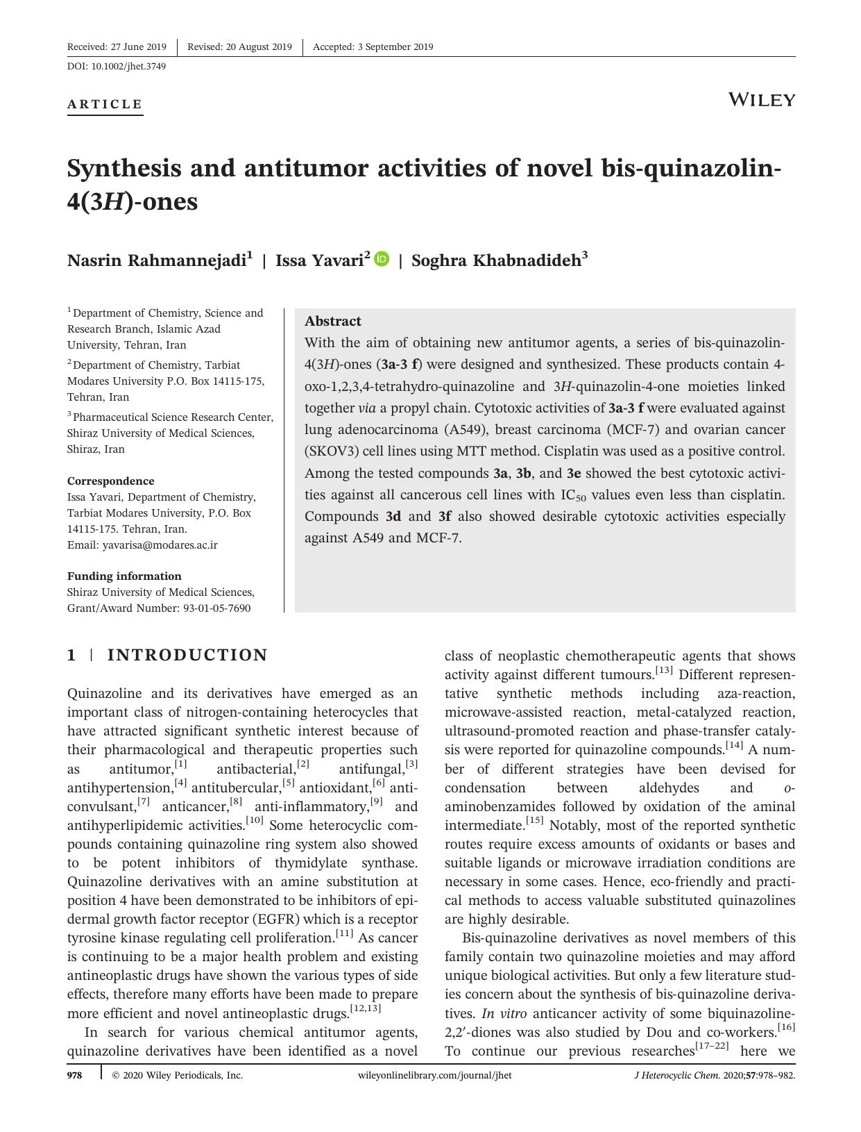 Synthesis and antitumor activities of novel bisâquinazolinâ4(3H)âones by Nasrin Rahmannejadi Issa Yavari Soghra Khabnadideh