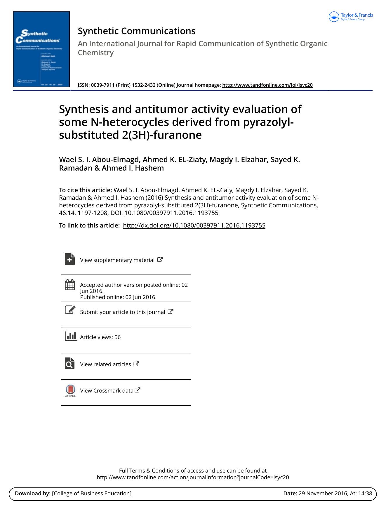 Synthesis and antitumor activity evaluation of some N-heterocycles derived from pyrazolyl-substituted 2(3H)-furanone by Wael S. I. Abou-Elmagd