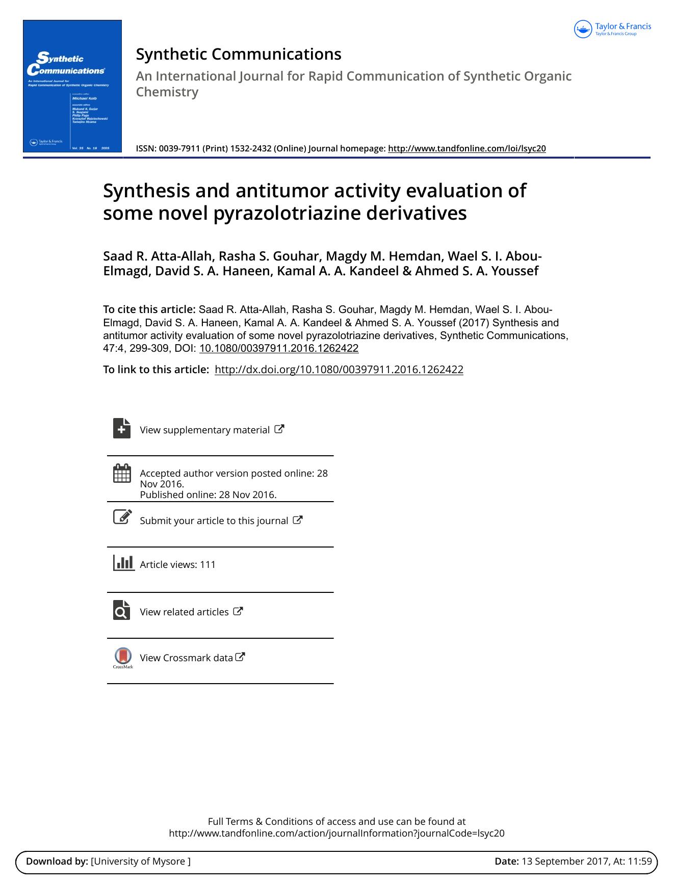 Synthesis and antitumor activity evaluation of some novel pyrazolotriazine derivatives by Saad R. Atta-Allah