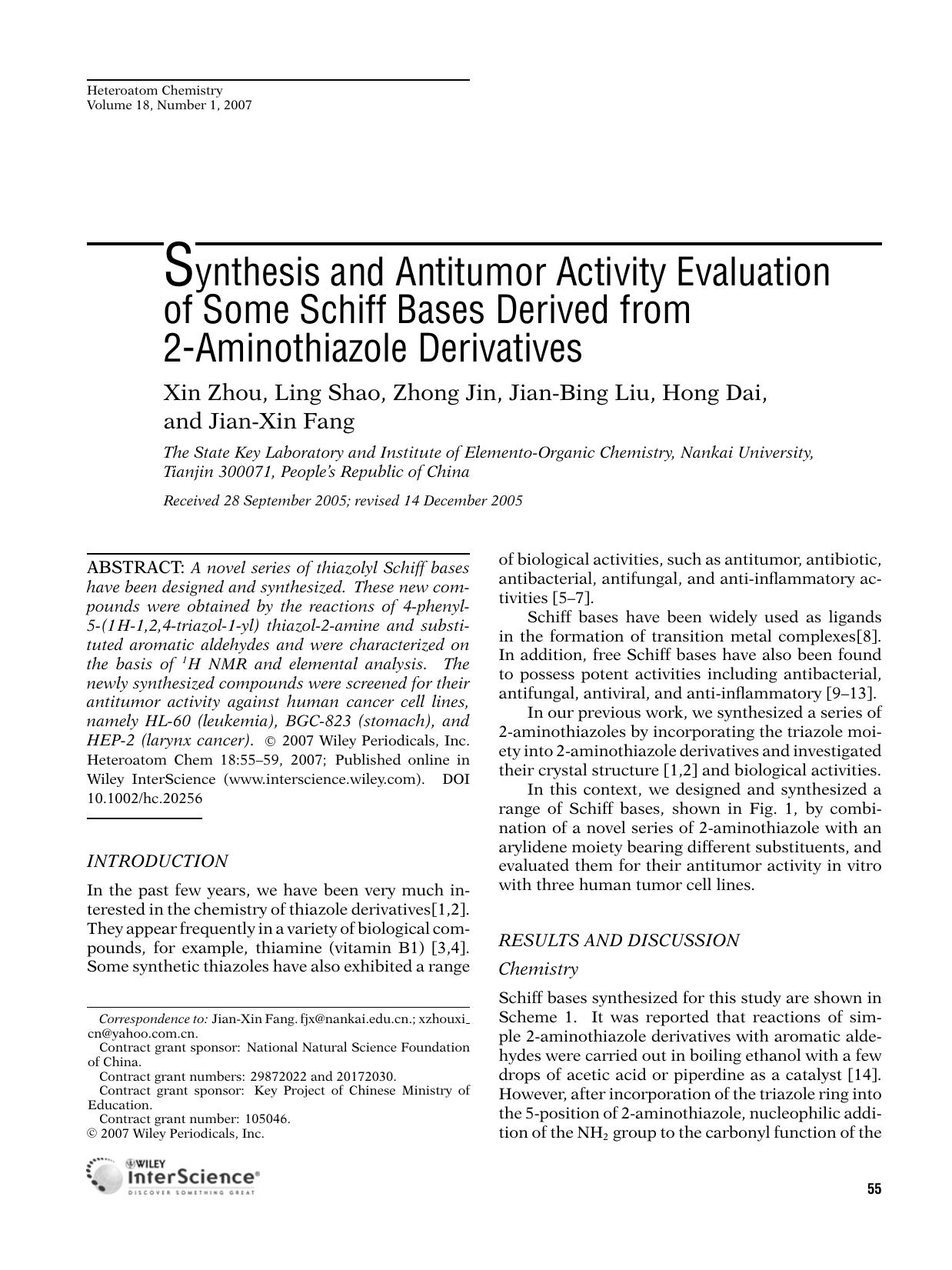 Synthesis and antitumor activity evaluation of some schiff bases derived from 2-aminothiazole derivatives by slb